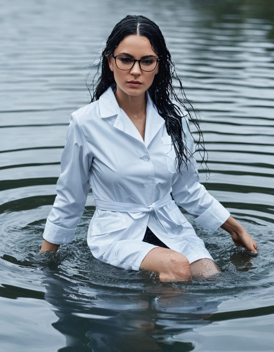 photo of young woman, in soaking wet, drenched clothes,
office shoes , white midi labcoat with long sleeves, white midi labcoat with long sleeves, swimming complete submerged in deep lake, 
enjoying, wet clothes stuck to body,
detailed textures of the wet clothes, wet face, wet plastered hair,
wet, drenched, professional, high-quality details, full body view.
sharp focus, ultra-high pixel detail, realistic, high-quality, full colors, incredibly detailed, 4k, 8k, 16k, hyper-realistic, RAW photo, masterpiece, ultra-detailed, professionally color graded, professional photograph, woman 51 years old, long black hair, very big and thick lips, office glasses, complete body, open mouth,, dry skin, dry clothes, dry fabric