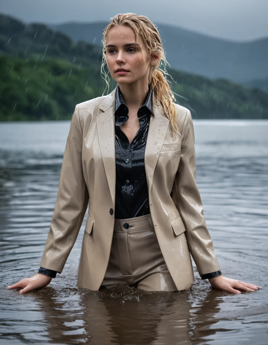 photo of young woman, in soaking wet, drenched clothes,
Beige Long Business Trouser, Beige Business Suit Jacket with Black button down business shirt longsleeve, Clear Mountain lake with heavy rain, 
enjoying, wet clothes stuck to body,
detailed textures of the wet clothes, wet face, wet plastered hair,
wet, drenched, professional, high-quality details, full body view.
sharp focus, ultra-high pixel detail, realistic, high-quality, full colors, incredibly detailed, 4k, 8k, 16k, hyper-realistic, RAW photo, masterpiece, ultra-detailed, professionally color graded, professional photograph, young elegant beautiful white Blonde women, breast deep submerged, under a big rainshower, fully clothed, completely soaked, fully drenched, completely wet, wetlook, heavy rain, side parting, long hair, rain storm, looks confidently into camera, dry skin, dry clothes, dry fabric