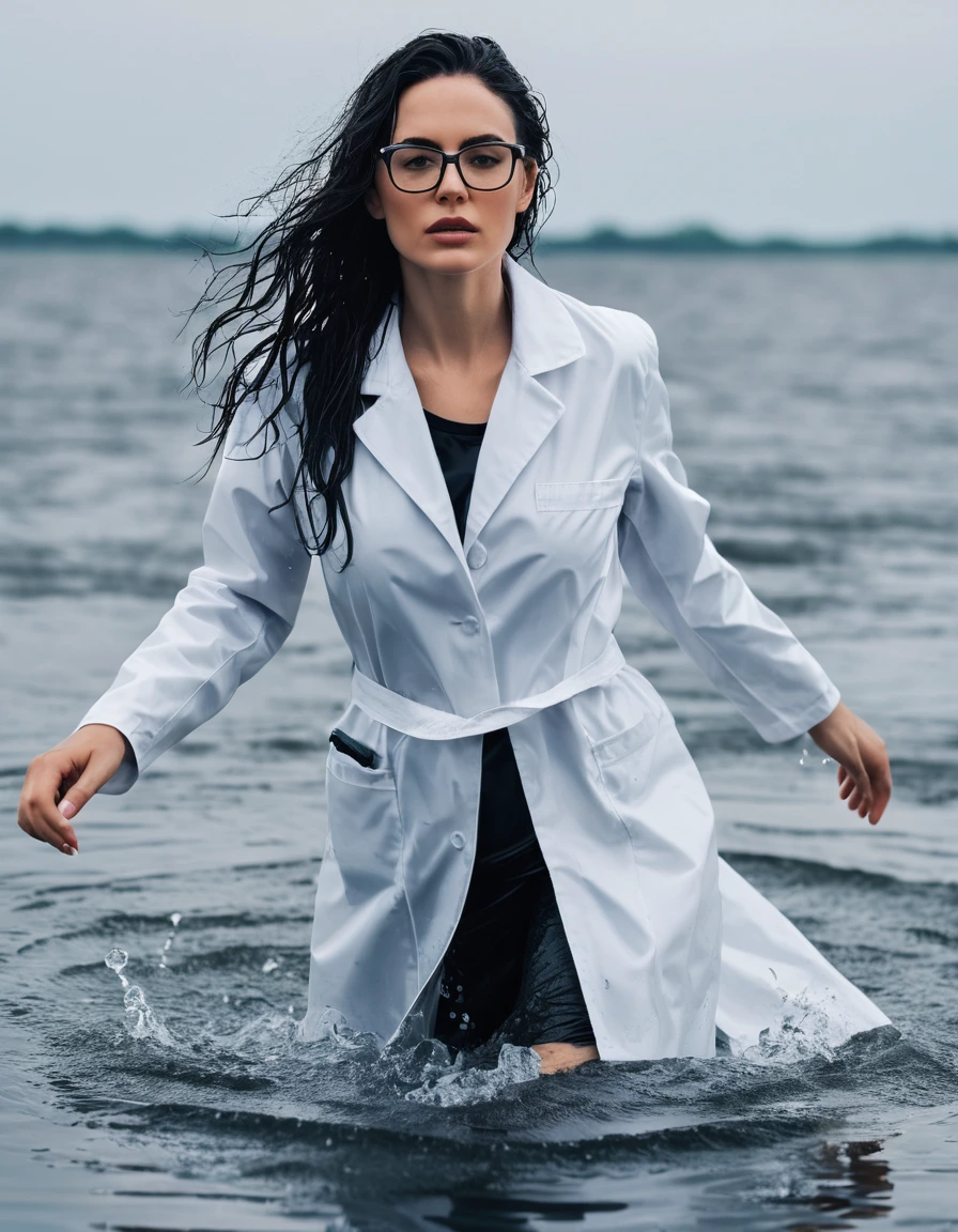 photo of young woman, in soaking wet, drenched clothes,
office shoes , white midi labcoat with long sleeves, white midi labcoat with long sleeves, walking complete submerged under water in deep lake, 
enjoying, wet clothes stuck to body,
detailed textures of the wet clothes, wet face, wet plastered hair,
wet, drenched, professional, high-quality details, full body view.
sharp focus, ultra-high pixel detail, realistic, high-quality, full colors, incredibly detailed, 4k, 8k, 16k, hyper-realistic, RAW photo, masterpiece, ultra-detailed, professionally color graded, professional photograph, woman 51 years old, long black hair, very big and thick lips, office glasses, complete body, open mouth,, dry skin, dry clothes, dry fabric