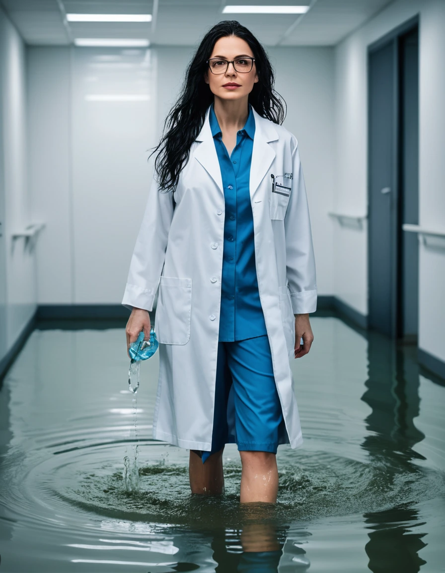 photo of young woman, in soaking wet, drenched clothes,
office shoes , white midi labcoat with long sleeves, white midi labcoat with long sleeves, walking complete submerged in flooded laboratory, 
enjoying, wet clothes stuck to body,
detailed textures of the wet clothes, wet face, wet plastered hair,
wet, drenched, professional, high-quality details, full body view.
sharp focus, ultra-high pixel detail, realistic, high-quality, full colors, incredibly detailed, 4k, 8k, 16k, hyper-realistic, RAW photo, masterpiece, ultra-detailed, professionally color graded, professional photograph, woman 51 years old, long black hair, very big and thick lips, office glasses, complete body, open mouth,, dry skin, dry clothes, dry fabric