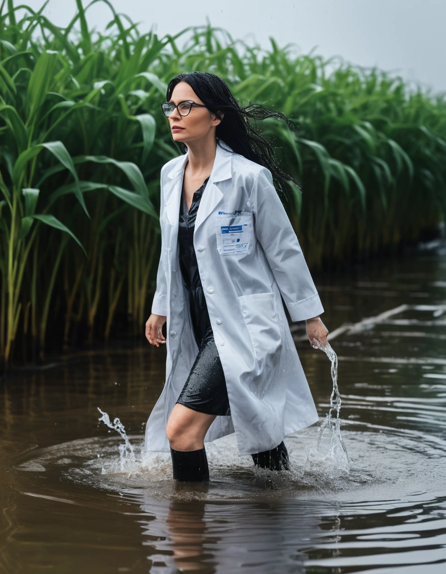 photo of young woman, in soaking wet, drenched clothes,
office shoes , white midi labcoat with long sleeves, white midi labcoat with long sleeves, walking submerged in flooded plant, 
enjoying, wet clothes stuck to body,
detailed textures of the wet clothes, wet face, wet plastered hair,
wet, drenched, professional, high-quality details, full body view.
sharp focus, ultra-high pixel detail, realistic, high-quality, full colors, incredibly detailed, 4k, 8k, 16k, hyper-realistic, RAW photo, masterpiece, ultra-detailed, professionally color graded, professional photograph, woman 51 years old, long black hair, very big and thick lips, office glasses, complete body, open mouth,, dry skin, dry clothes, dry fabric
