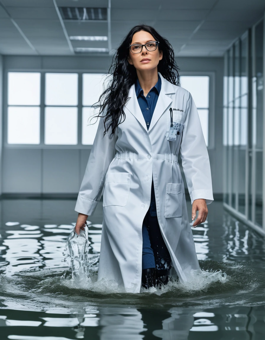 photo of young woman, in soaking wet, drenched clothes,
office shoes , white midi labcoat with long sleeves, white midi labcoat with long sleeves, walking complete submerged in flooded laboratory, 
enjoying, wet clothes stuck to body,
detailed textures of the wet clothes, wet face, wet plastered hair,
wet, drenched, professional, high-quality details, full body view.
sharp focus, ultra-high pixel detail, realistic, high-quality, full colors, incredibly detailed, 4k, 8k, 16k, hyper-realistic, RAW photo, masterpiece, ultra-detailed, professionally color graded, professional photograph, woman 51 years old, long black hair, very big and thick lips, office glasses, complete body, open mouth,, dry skin, dry clothes, dry fabric