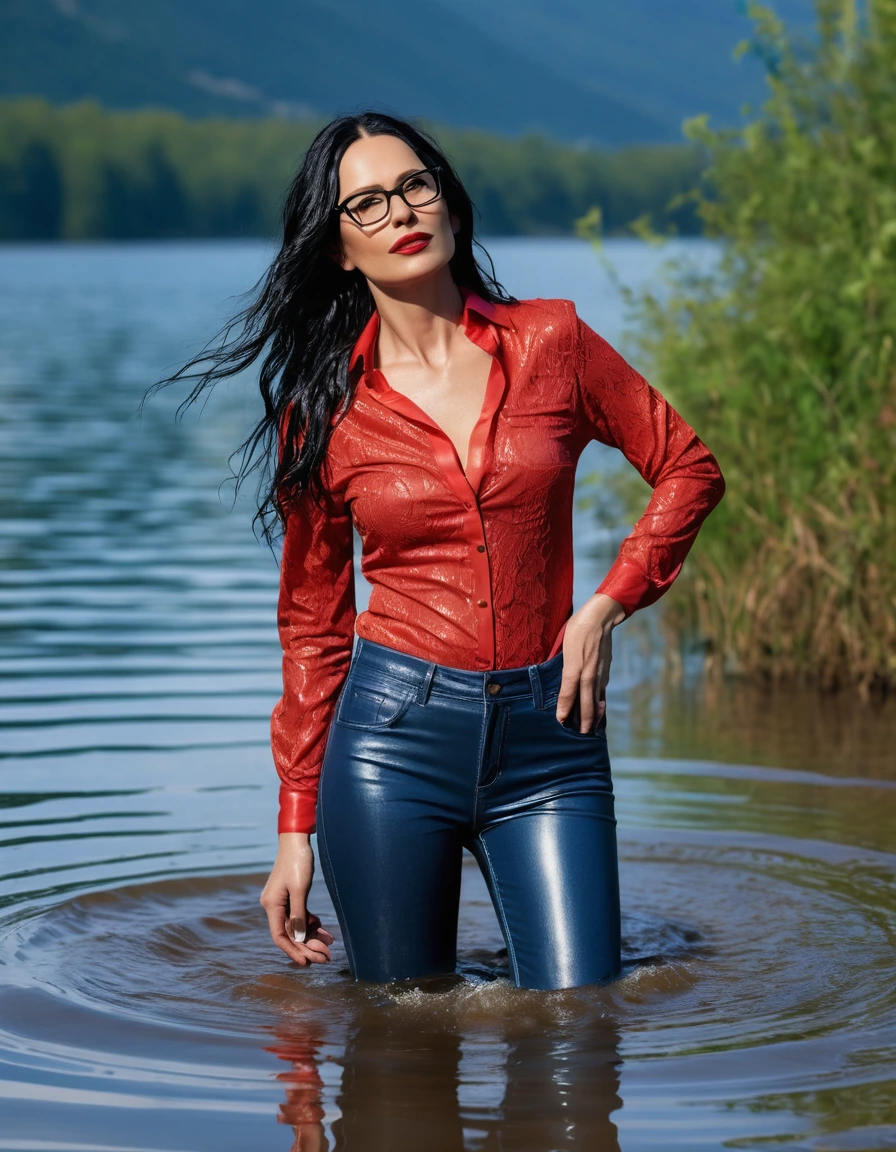 photo of young woman, in soaking wet, drenched clothes,
office shoes , long tight blue leather jeans shinning, red lace satin shirt with long sleeves, walking submerged in sunny lake, 
enjoying, wet clothes stuck to body,
detailed textures of the wet clothes, wet face, wet plastered hair,
wet, drenched, professional, high-quality details, full body view.
sharp focus, ultra-high pixel detail, realistic, high-quality, full colors, incredibly detailed, 4k, 8k, 16k, hyper-realistic, RAW photo, masterpiece, ultra-detailed, professionally color graded, professional photograph, woman 51 years old, long black hair, very big and thick lips, office glasses, complete body, open mouth, dry skin, dry clothes, dry fabric