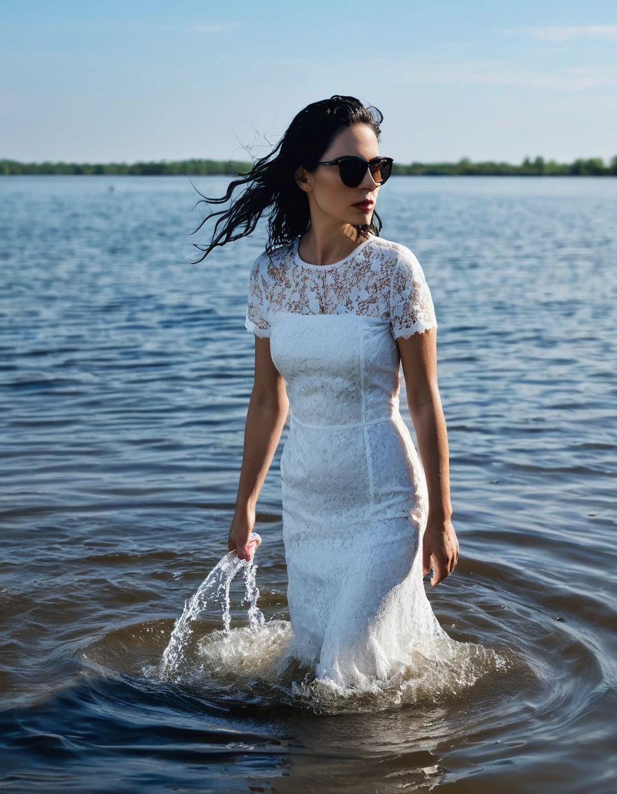 photo of young woman, in soaking wet, drenched clothes,
office shoes , tight midi white lace t-shirt dress with short sleeves, tight midi white lace t-shirt dress with short sleeves, walking submerged in sunny lake, 
enjoying, wet clothes stuck to body,
detailed textures of the wet clothes, wet face, wet plastered hair,
wet, drenched, professional, high-quality details, full body view.
sharp focus, ultra-high pixel detail, realistic, high-quality, full colors, incredibly detailed, 4k, 8k, 16k, hyper-realistic, RAW photo, masterpiece, ultra-detailed, professionally color graded, professional photograph, woman 51 years old, long black hair, very big and thick lips, office glasses, complete body, open mouth,, dry skin, dry clothes, dry fabric