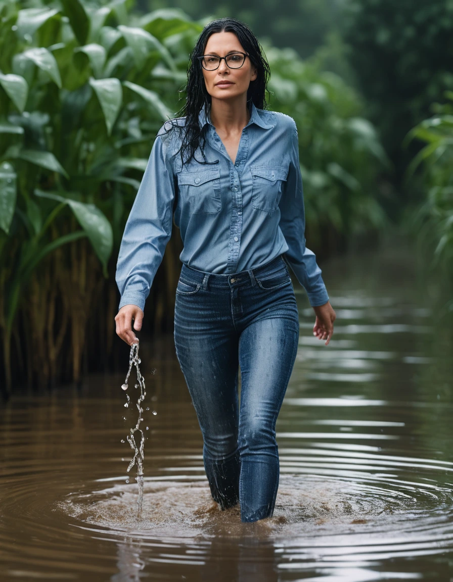 photo of young woman, in soaking wet, drenched clothes,
office shoes , long tight blue jeans shinning, blue jeans shirt with long sleeves, walking in flooded plant, 
enjoying, wet clothes stuck to body,
detailed textures of the wet clothes, wet face, wet plastered hair,
wet, drenched, professional, high-quality details, full body view.
sharp focus, ultra-high pixel detail, realistic, high-quality, full colors, incredibly detailed, 4k, 8k, 16k, hyper-realistic, RAW photo, masterpiece, ultra-detailed, professionally color graded, professional photograph, woman 51 years old, long black hair, very big and thick lips, office glasses, complete body, open mouth, dry skin, dry clothes, dry fabric