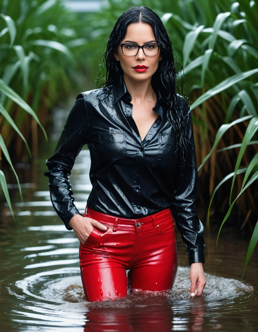 photo of young woman, in soaking wet, drenched clothes,
office shoes , long tight red leather jeans shinning, black leather shirt with long sleeves, walking in flooded plant, 
enjoying, wet clothes stuck to body,
detailed textures of the wet clothes, wet face, wet plastered hair,
wet, drenched, professional, high-quality details, full body view.
sharp focus, ultra-high pixel detail, realistic, high-quality, full colors, incredibly detailed, 4k, 8k, 16k, hyper-realistic, RAW photo, masterpiece, ultra-detailed, professionally color graded, professional photograph, woman 51 years old, long black hair, very big and thick lips, office glasses, complete body, open mouth,,, dry skin, dry clothes, dry fabric