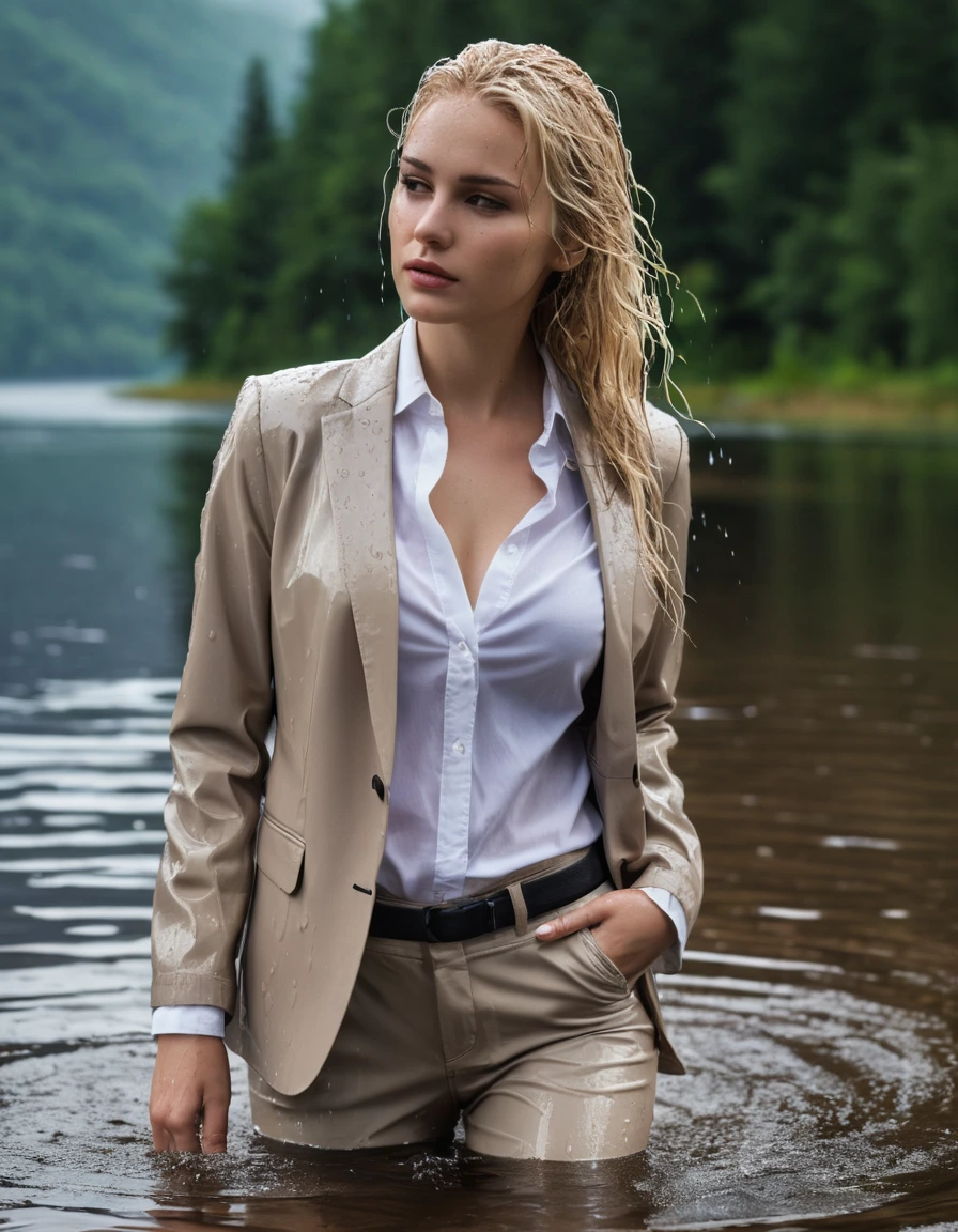 photo of young woman, in soaking wet, drenched clothes,
Beige Long Business Trouser, Beige Business Suit Jacket with Black button down business shirt longsleeve, Clear Mountain lake with heavy rain, 
enjoying, wet clothes stuck to body,
detailed textures of the wet clothes, wet face, wet plastered hair,
wet, drenched, professional, high-quality details, full body view.
sharp focus, ultra-high pixel detail, realistic, high-quality, full colors, incredibly detailed, 4k, 8k, 16k, hyper-realistic, RAW photo, masterpiece, ultra-detailed, professionally color graded, professional photograph, young elegant beautiful white Blonde women, breast deep submerged, under a big rainshower, fully clothed, completely soaked, fully drenched, completely wet, wetlook, heavy rain, side parting, long hair, rain storm, looks confidently into camera, dry skin, dry clothes, dry fabric