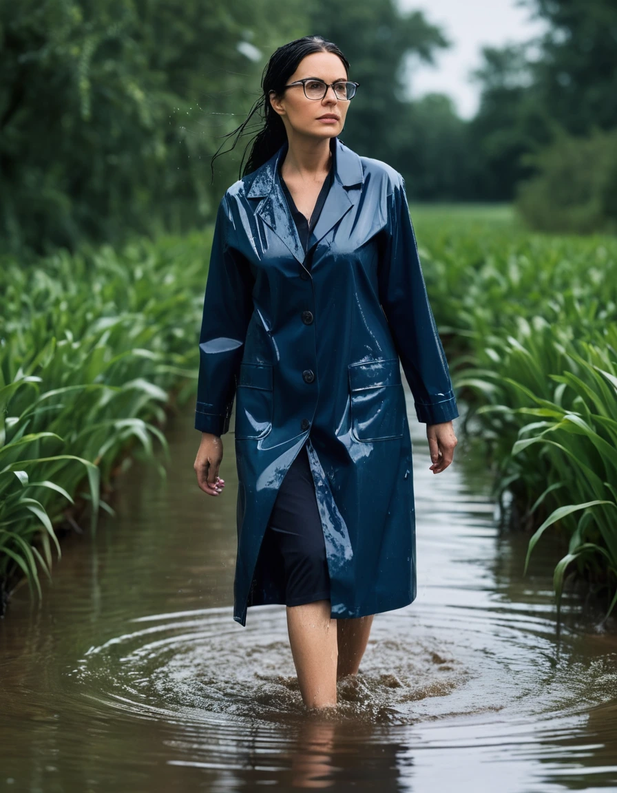 photo of young woman, in soaking wet, drenched clothes,
office shoes , tight dark blue midi labcoat with sleeves, tight dark blue midi labcoat with sleeves, walking submerged in flooded plant, 
enjoying, wet clothes stuck to body,
detailed textures of the wet clothes, wet face, wet plastered hair,
wet, drenched, professional, high-quality details, full body view.
sharp focus, ultra-high pixel detail, realistic, high-quality, full colors, incredibly detailed, 4k, 8k, 16k, hyper-realistic, RAW photo, masterpiece, ultra-detailed, professionally color graded, professional photograph, woman 51 years old, long black hair, very big and thick lips, office glasses, complete body, open mouth,, dry skin, dry clothes, dry fabric