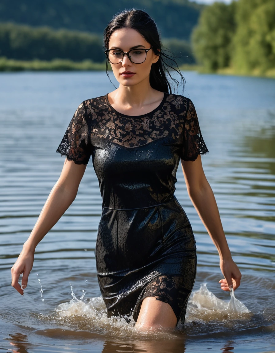 photo of young woman, in soaking wet, drenched clothes,
office shoes , tight midi black lace t-shirt dress with short sleeves, tight midi black lace t-shirt dress with short sleeves, walking submerged in sunny lake, 
enjoying, wet clothes stuck to body,
detailed textures of the wet clothes, wet face, wet plastered hair,
wet, drenched, professional, high-quality details, full body view.
sharp focus, ultra-high pixel detail, realistic, high-quality, full colors, incredibly detailed, 4k, 8k, 16k, hyper-realistic, RAW photo, masterpiece, ultra-detailed, professionally color graded, professional photograph, woman 51 years old, long black hair, very big and thick lips, office glasses, complete body, open mouth, dry skin, dry clothes, dry fabric