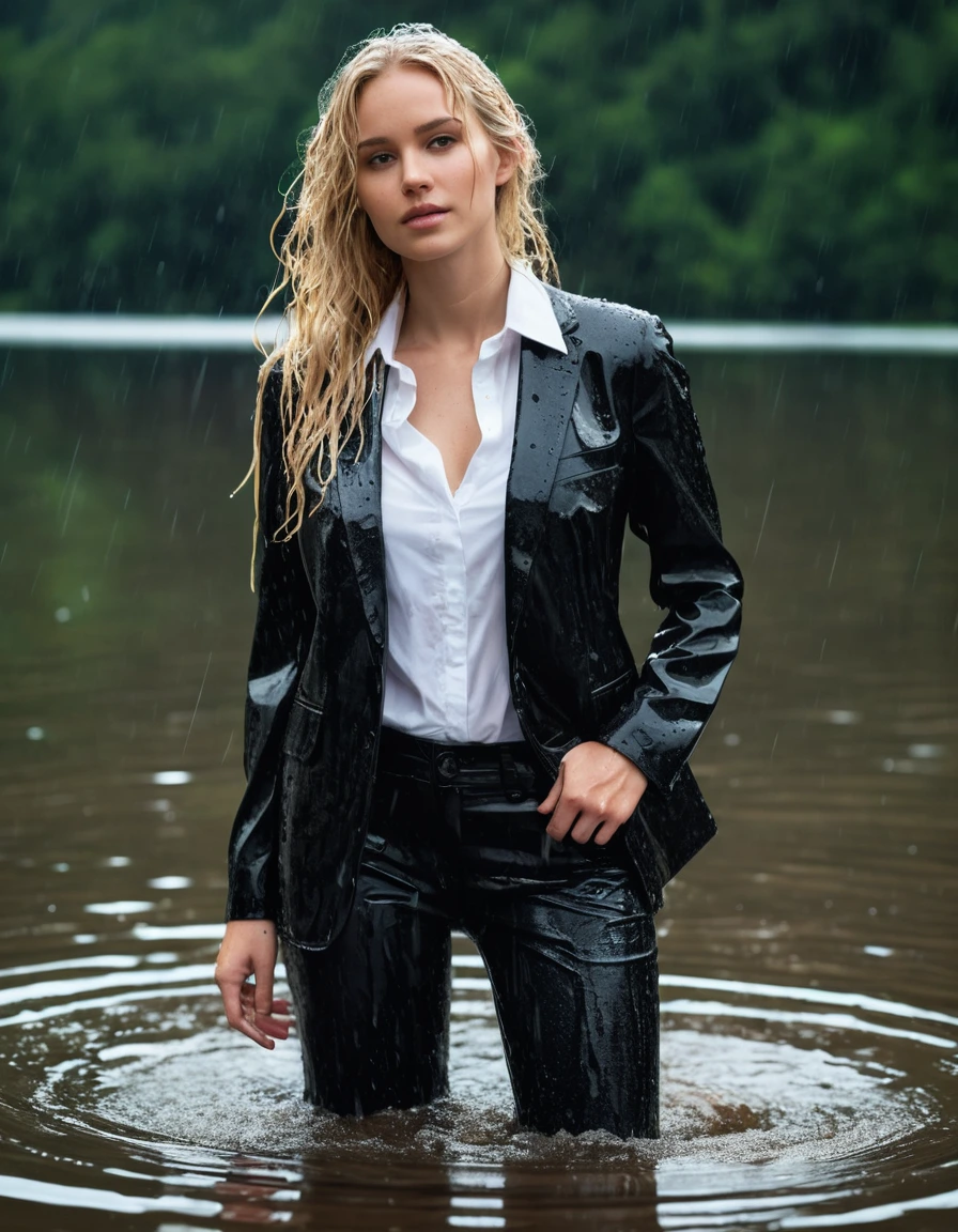 photo of young woman, in soaking wet, drenched clothes,
Black Long Business Trouser, Black Business Suit Jacket with Black button down business shirt longsleeve, Clear Mountain lake with heavy rain, 
enjoying, wet clothes stuck to body,
detailed textures of the wet clothes, wet face, wet plastered hair,
wet, drenched, professional, high-quality details, full body view.
sharp focus, ultra-high pixel detail, realistic, high-quality, full colors, incredibly detailed, 4k, 8k, 16k, hyper-realistic, RAW photo, masterpiece, ultra-detailed, professionally color graded, professional photograph, young elegant beautiful white Blonde women, breast deep submerged, under a big rainshower, fully clothed, completely soaked, fully drenched, completely wet, wetlook, heavy rain, side parting, long hair, rain storm, looks confidently into camera, dry skin, dry clothes, dry fabric