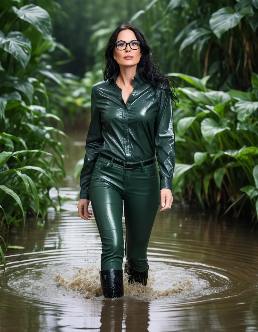 photo of young woman, in soaking wet, drenched clothes,
office shoes , long tight black leather jeans shinning, dark green leather shirt with long sleeves, walking in flooded plant, 
enjoying, wet clothes stuck to body,
detailed textures of the wet clothes, wet face, wet plastered hair,
wet, drenched, professional, high-quality details, full body view.
sharp focus, ultra-high pixel detail, realistic, high-quality, full colors, incredibly detailed, 4k, 8k, 16k, hyper-realistic, RAW photo, masterpiece, ultra-detailed, professionally color graded, professional photograph, woman 51 years old, long black hair, very big and thick lips, office glasses, complete body, open mouth,, dry skin, dry clothes, dry fabric