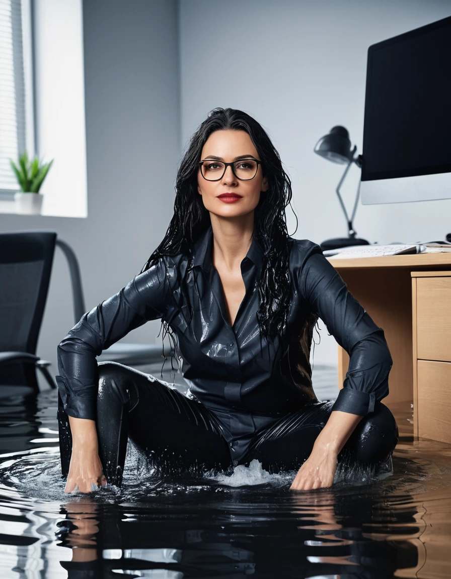 photo of young woman, in soaking wet, drenched clothes,
office shoes , long black jeans, black jeans shirt with long sleeves, in flooded office room on the swivel chair. Half meter water level in the office, 
enjoying, wet clothes stuck to body,
detailed textures of the wet clothes, wet face, wet plastered hair,
wet, drenched, professional, high-quality details, full body view.
sharp focus, ultra-high pixel detail, realistic, high-quality, full colors, incredibly detailed, 4k, 8k, 16k, hyper-realistic, RAW photo, masterpiece, ultra-detailed, professionally color graded, professional photograph, woman 51 years old, long black hair, very big and thick lips, office glasses, complete body, open mouth,, dry skin, dry clothes, dry fabric