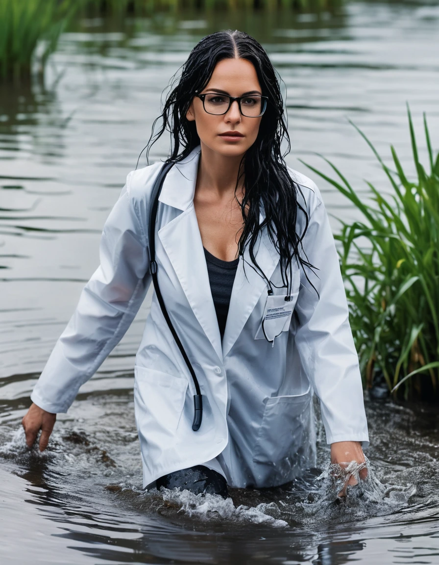 photo of young woman, in soaking wet, drenched clothes,
office shoes , white midi labcoat with long sleeves, white midi labcoat with long sleeves, walking complete submerged in deep flooded plant under hard, 
enjoying, wet clothes stuck to body,
detailed textures of the wet clothes, wet face, wet plastered hair,
wet, drenched, professional, high-quality details, full body view.
sharp focus, ultra-high pixel detail, realistic, high-quality, full colors, incredibly detailed, 4k, 8k, 16k, hyper-realistic, RAW photo, masterpiece, ultra-detailed, professionally color graded, professional photograph, woman 51 years old, long black hair, very big and thick lips, office glasses, complete body, open mouth,, dry skin, dry clothes, dry fabric, dry skin, dry clothes, dry fabric