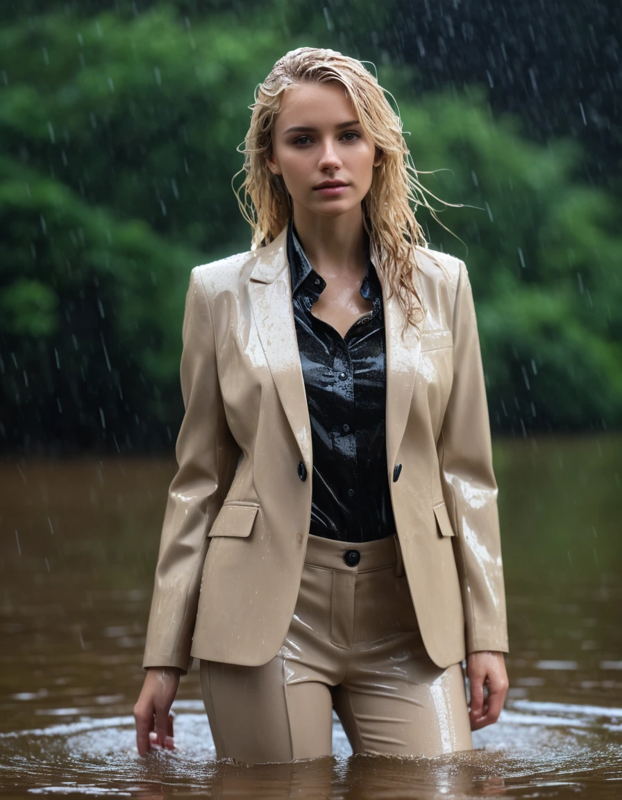 photo of young woman, in soaking wet, drenched clothes,
Beige Long Business Trouser, Beige Business Suit Jacket with Black button down business shirt longsleeve, Clear Mountain lake with heavy rain, 
enjoying, wet clothes stuck to body,
detailed textures of the wet clothes, wet face, wet plastered hair,
wet, drenched, professional, high-quality details, full body view.
sharp focus, ultra-high pixel detail, realistic, high-quality, full colors, incredibly detailed, 4k, 8k, 16k, hyper-realistic, RAW photo, masterpiece, ultra-detailed, professionally color graded, professional photograph, young elegant beautiful white Blonde women, breast deep submerged, under a big rainshower, fully clothed, completely soaked, fully drenched, completely wet, wetlook, heavy rain, side parting, long hair, rain storm, looks confidently into camera,, dry skin, dry clothes, dry fabric