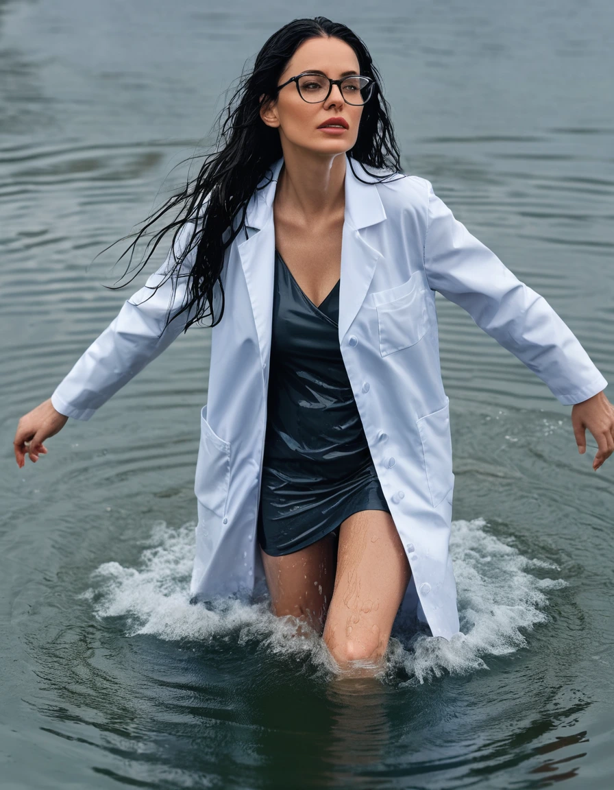 photo of young woman, in soaking wet, drenched clothes,
office shoes , white midi labcoat with long sleeves, white midi labcoat with long sleeves, walking complete submerged under water in deep lake, 
enjoying, wet clothes stuck to body,
detailed textures of the wet clothes, wet face, wet plastered hair,
wet, drenched, professional, high-quality details, full body view.
sharp focus, ultra-high pixel detail, realistic, high-quality, full colors, incredibly detailed, 4k, 8k, 16k, hyper-realistic, RAW photo, masterpiece, ultra-detailed, professionally color graded, professional photograph, woman 51 years old, long black hair, very big and thick lips, office glasses, complete body, open mouth,, dry skin, dry clothes, dry fabric