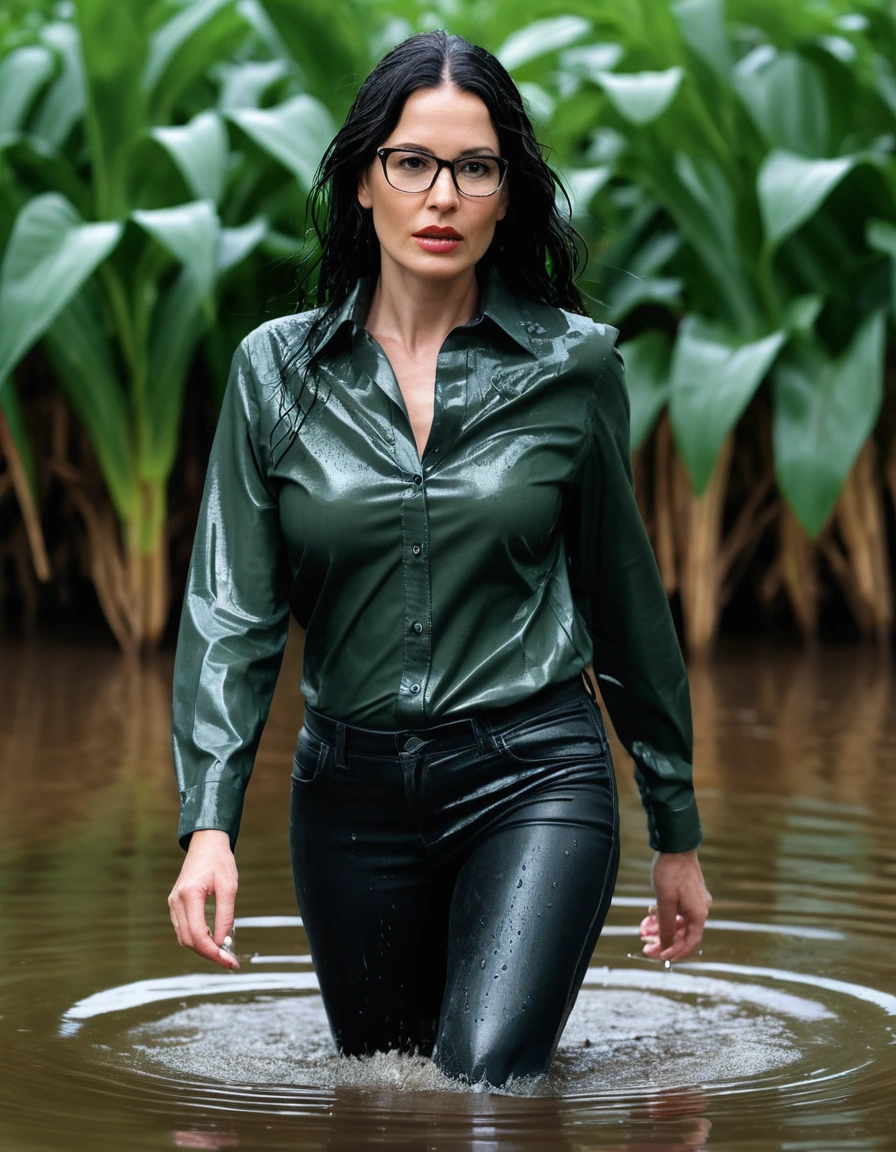 photo of young woman, in soaking wet, drenched clothes,
office shoes , long tight black leather jeans shinning, dark green leather shirt with long sleeves, walking in flooded plant, 
enjoying, wet clothes stuck to body,
detailed textures of the wet clothes, wet face, wet plastered hair,
wet, drenched, professional, high-quality details, full body view.
sharp focus, ultra-high pixel detail, realistic, high-quality, full colors, incredibly detailed, 4k, 8k, 16k, hyper-realistic, RAW photo, masterpiece, ultra-detailed, professionally color graded, professional photograph, woman 51 years old, long black hair, very big and thick lips, office glasses, complete body, open mouth,, dry skin, dry clothes, dry fabric