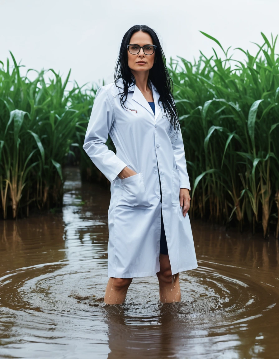 photo of young woman, in soaking wet, drenched clothes,
office shoes , white midi labcoat with long sleeves, white midi labcoat with long sleeves, walking complete submerged in flooded plant, 
enjoying, wet clothes stuck to body,
detailed textures of the wet clothes, wet face, wet plastered hair,
wet, drenched, professional, high-quality details, full body view.
sharp focus, ultra-high pixel detail, realistic, high-quality, full colors, incredibly detailed, 4k, 8k, 16k, hyper-realistic, RAW photo, masterpiece, ultra-detailed, professionally color graded, professional photograph, woman 51 years old, long black hair, very big and thick lips, office glasses, complete body, open mouth,, dry skin, dry clothes, dry fabric