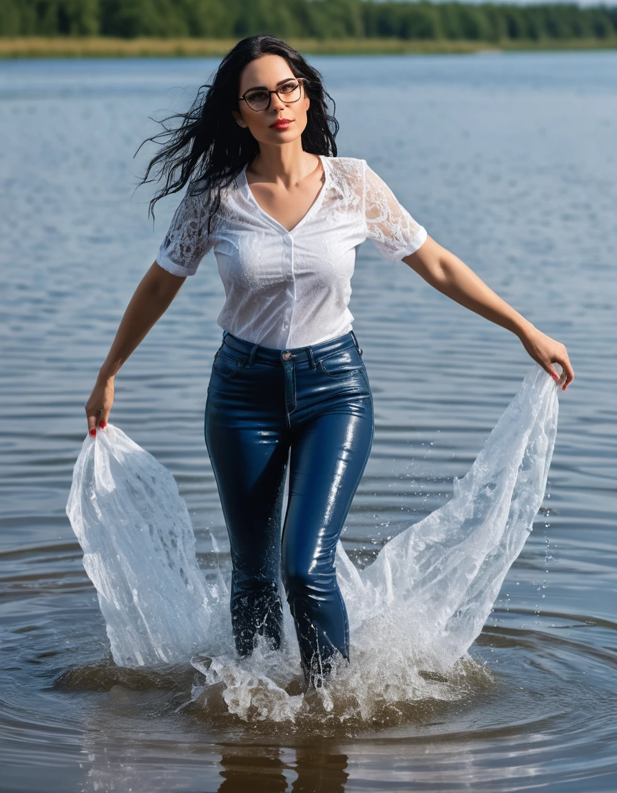 photo of young woman, in soaking wet, drenched clothes,
office shoes , long tight blue leather jeans shinning, white lace t-shirt with short sleeves, walking submerged in sunny lake, 
enjoying, wet clothes stuck to body,
detailed textures of the wet clothes, wet face, wet plastered hair,
wet, drenched, professional, high-quality details, full body view.
sharp focus, ultra-high pixel detail, realistic, high-quality, full colors, incredibly detailed, 4k, 8k, 16k, hyper-realistic, RAW photo, masterpiece, ultra-detailed, professionally color graded, professional photograph, woman 51 years old, long black hair, very big and thick lips, office glasses, complete body, open mouth, dry skin, dry clothes, dry fabric