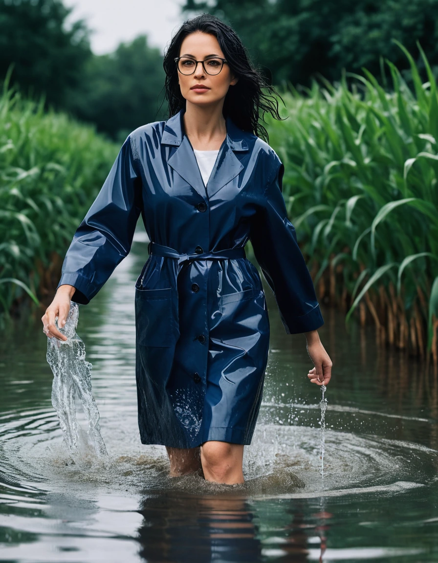 photo of young woman, in soaking wet, drenched clothes,
office shoes , tight dark blue midi labcoat with sleeves, tight dark blue midi labcoat with sleeves, walking submerged in flooded plant, 
enjoying, wet clothes stuck to body,
detailed textures of the wet clothes, wet face, wet plastered hair,
wet, drenched, professional, high-quality details, full body view.
sharp focus, ultra-high pixel detail, realistic, high-quality, full colors, incredibly detailed, 4k, 8k, 16k, hyper-realistic, RAW photo, masterpiece, ultra-detailed, professionally color graded, professional photograph, woman 51 years old, long black hair, very big and thick lips, office glasses, complete body, open mouth,,, dry skin, dry clothes, dry fabric