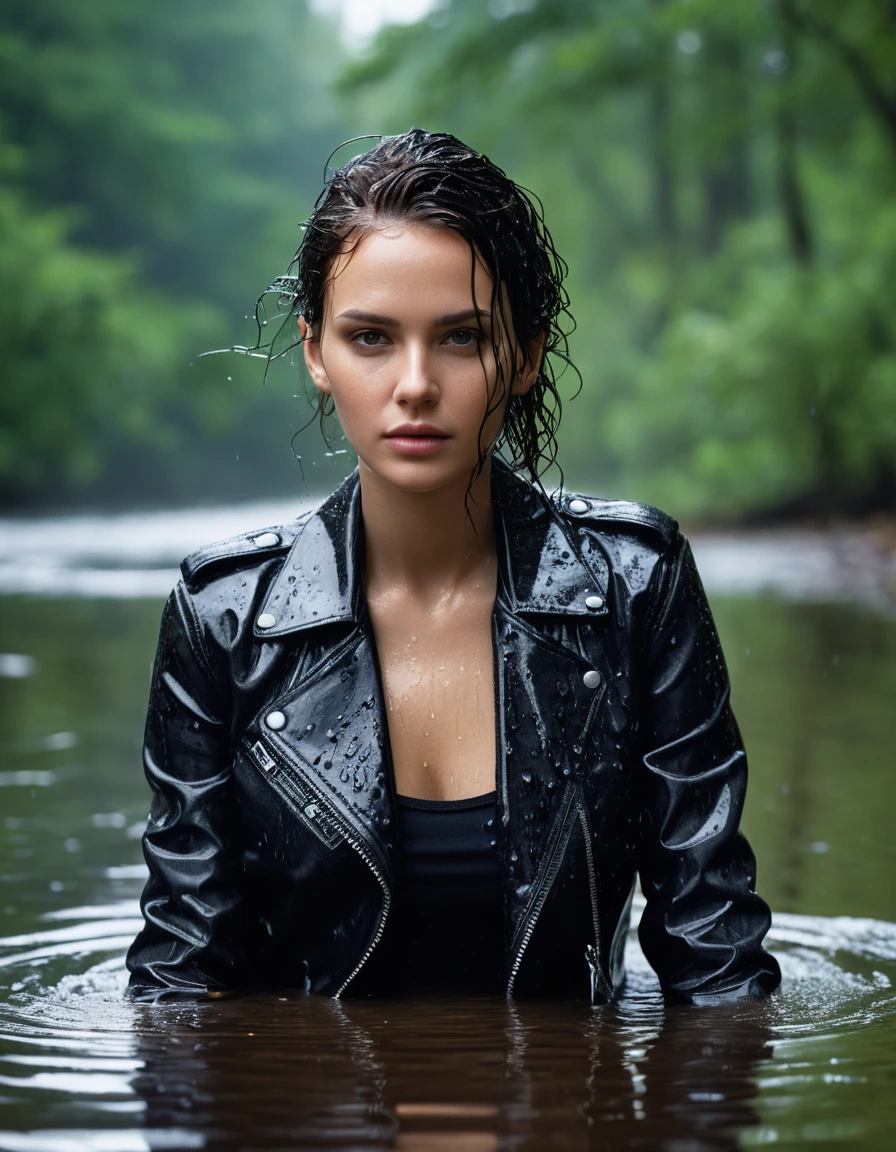 photo of young woman, in soaking wet, drenched clothes,
Black leather ankle boots, soaked and glistening , skin tight black leather jeans, saturated, black long sleeve leather shirt, black bikers leather jacket , snow covered forest, lying sbmerged in a river, head and sholders above the water, drenched, close up, 
enjoying, wet clothes stuck to body,
detailed textures of the wet clothes, wet face, wet plastered hair,
wet, drenched, professional, high-quality details, full body view.
sharp focus, ultra-high pixel detail, realistic, high-quality, full colors, incredibly detailed, 4k, 8k, 16k, hyper-realistic, RAW photo, masterpiece, ultra-detailed, professionally color graded, professional photograph, intense wind-driven rain, hyper-realistic water droplets, cinematic rim lighting, fabric transparency, high-fashion editorial aesthetic, drenched hair, dry skin, dry clothes, dry fabric