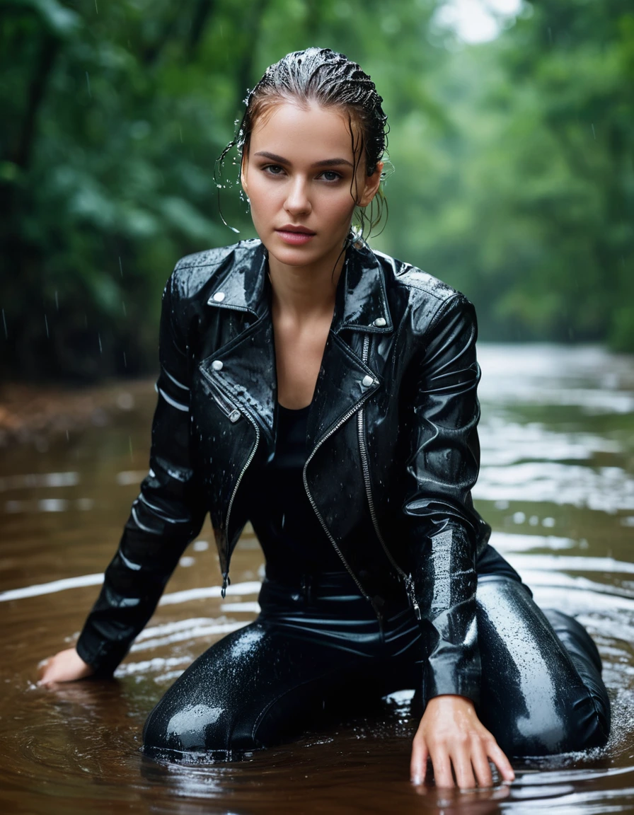 photo of young woman, in soaking wet, drenched clothes,
Black leather ankle boots, soaked and glistening , skin tight black leather jeans, saturated, black long sleeve leather shirt, black bikers leather jacket , snow covered forest, lying sbmerged in a river, head and sholders above the water, drenched, close up, 
enjoying, wet clothes stuck to body,
detailed textures of the wet clothes, wet face, wet plastered hair,
wet, drenched, professional, high-quality details, full body view.
sharp focus, ultra-high pixel detail, realistic, high-quality, full colors, incredibly detailed, 4k, 8k, 16k, hyper-realistic, RAW photo, masterpiece, ultra-detailed, professionally color graded, professional photograph, intense wind-driven rain, hyper-realistic water droplets, cinematic rim lighting, fabric transparency, high-fashion editorial aesthetic, drenched hair, dry skin, dry clothes, dry fabric