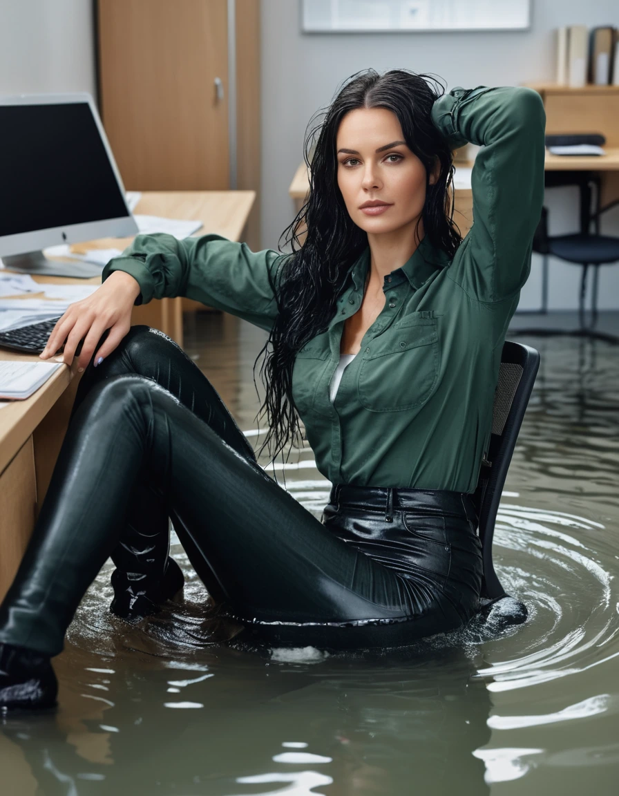photo of young woman, in soaking wet, drenched clothes,
office shoes , long black jeans, dark green jeans shirt with long sleeves, in flooded office room on the swivel chair. Half meter water level in the office, 
enjoying, wet clothes stuck to body,
detailed textures of the wet clothes, wet face, wet plastered hair,
wet, drenched, professional, high-quality details, full body view.
sharp focus, ultra-high pixel detail, realistic, high-quality, full colors, incredibly detailed, 4k, 8k, 16k, hyper-realistic, RAW photo, masterpiece, ultra-detailed, professionally color graded, professional photograph, woman 51 years old, long black hair, very big and thick lips, office glasses, complete body, open mouth,, dry skin, dry clothes, dry fabric