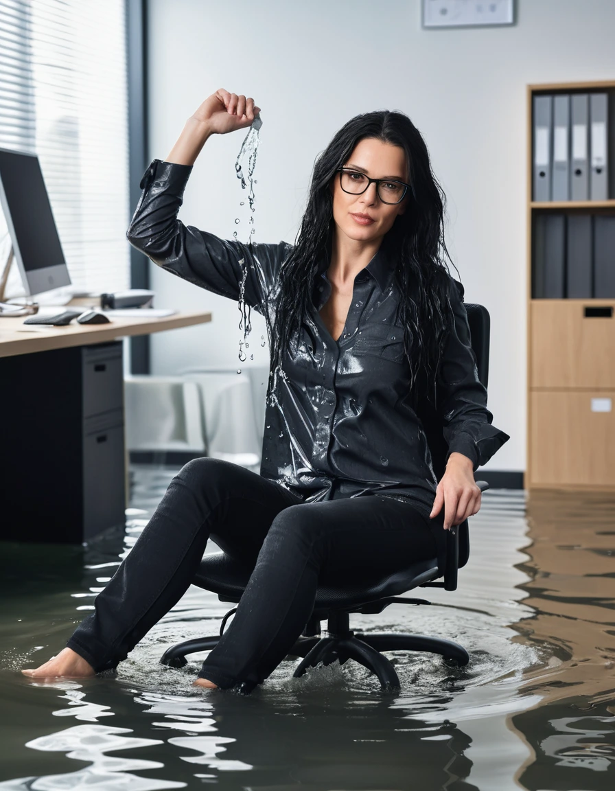 photo of young woman, in soaking wet, drenched clothes,
office shoes , long black jeans, black jeans shirt with long sleeves, in flooded office room on the swivel chair. Half meter water level in the office, 
enjoying, wet clothes stuck to body,
detailed textures of the wet clothes, wet face, wet plastered hair,
wet, drenched, professional, high-quality details, full body view.
sharp focus, ultra-high pixel detail, realistic, high-quality, full colors, incredibly detailed, 4k, 8k, 16k, hyper-realistic, RAW photo, masterpiece, ultra-detailed, professionally color graded, professional photograph, woman 51 years old, long black hair, very big and thick lips, office glasses, complete body, open mouth,, dry skin, dry clothes, dry fabric