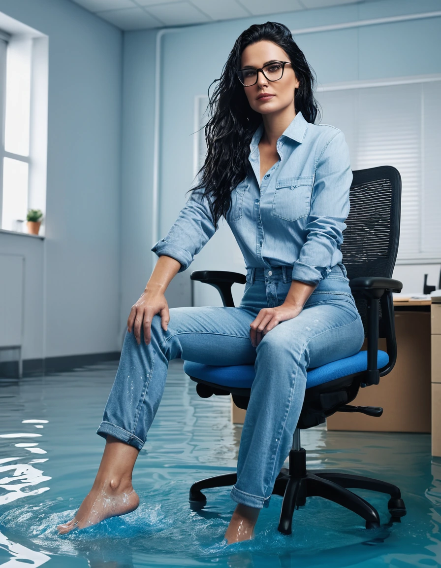 photo of young woman, in soaking wet, drenched clothes,
office shoes , long light blue jeans, light blue jeans shirt with long sleeves, in flooded office room on the swivel chair. Half meter water level in the office, 
enjoying, wet clothes stuck to body,
detailed textures of the wet clothes, wet face, wet plastered hair,
wet, drenched, professional, high-quality details, full body view.
sharp focus, ultra-high pixel detail, realistic, high-quality, full colors, incredibly detailed, 4k, 8k, 16k, hyper-realistic, RAW photo, masterpiece, ultra-detailed, professionally color graded, professional photograph, woman 51 years old, long black hair, very big and thick lips, office glasses, complete body, open mouth,, dry skin, dry clothes, dry fabric