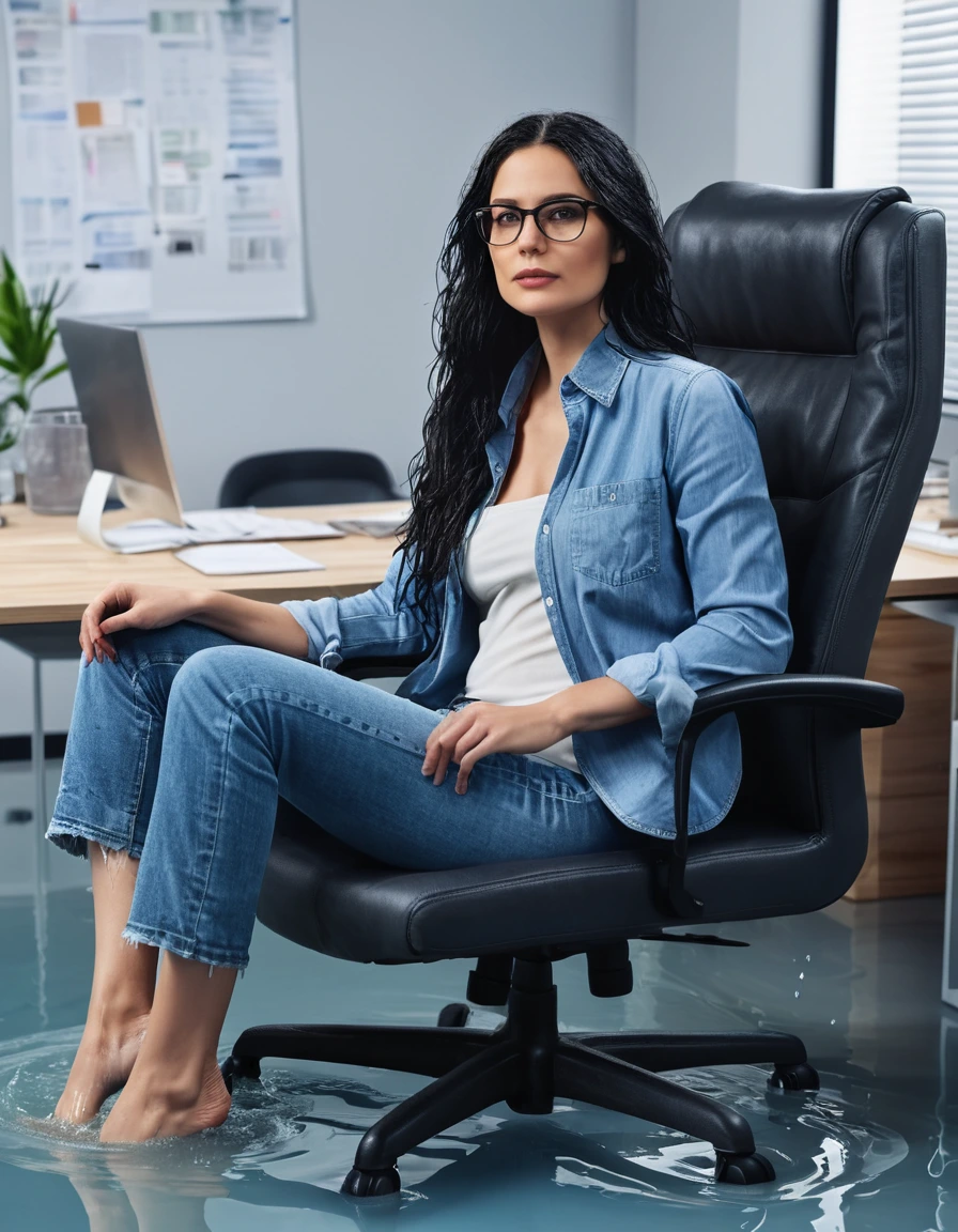 photo of young woman, in soaking wet, drenched clothes,
office shoes , long blue jeans, blue jeans shirt with long sleeves, in flooded office room on the swivel chair. Half meter water level in the office, 
enjoying, wet clothes stuck to body,
detailed textures of the wet clothes, wet face, wet plastered hair,
wet, drenched, professional, high-quality details, full body view.
sharp focus, ultra-high pixel detail, realistic, high-quality, full colors, incredibly detailed, 4k, 8k, 16k, hyper-realistic, RAW photo, masterpiece, ultra-detailed, professionally color graded, professional photograph, woman 51 years old, long black hair, very big and thick lips, office glasses, complete body, open mouth,, dry skin, dry clothes, dry fabric