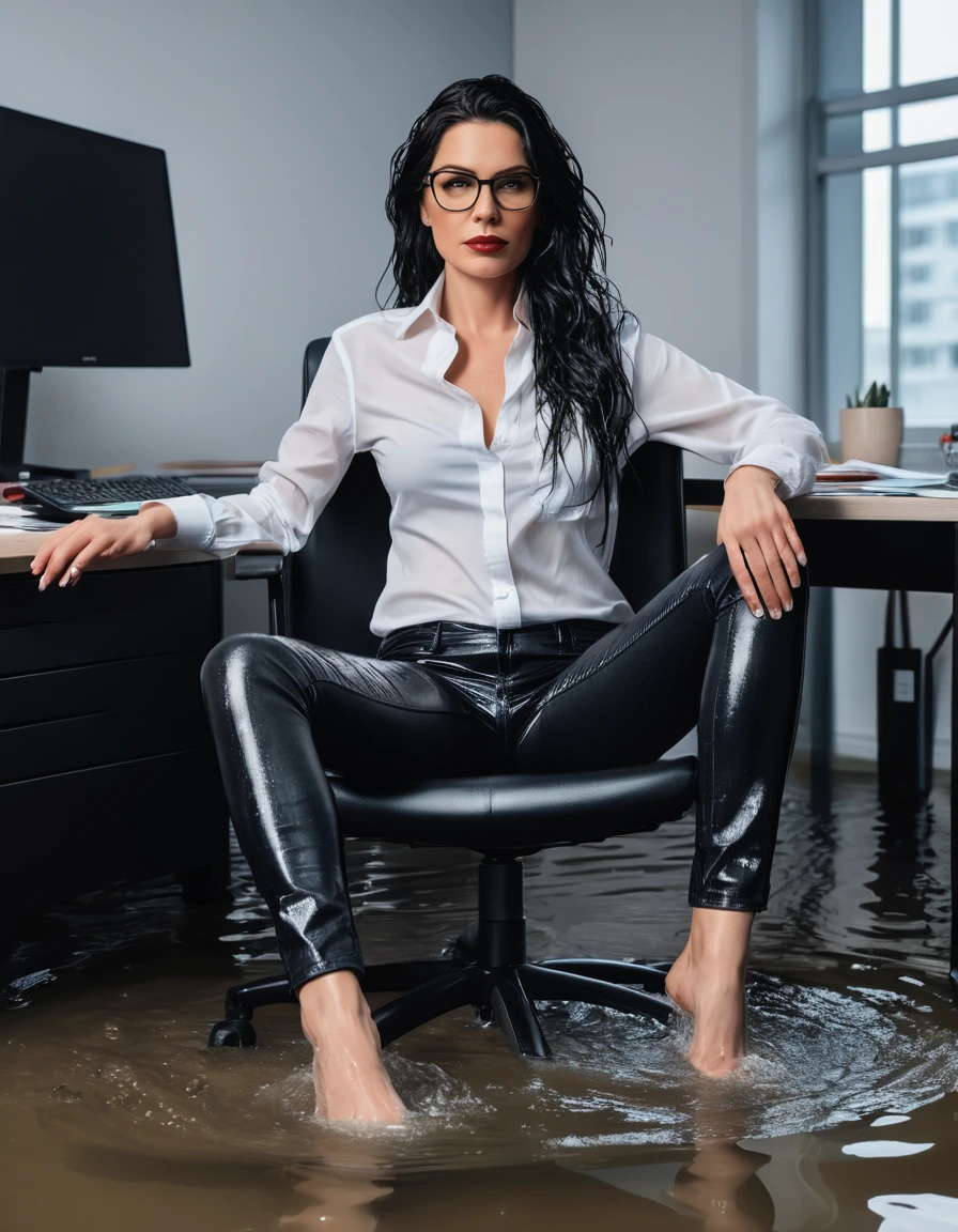 photo of young woman, in soaking wet, drenched clothes,
office shoes , long black leather jeans, black jeans shirt with long sleeves, in flooded office room on the swivel chair. Half meter water level in the office, 
enjoying, wet clothes stuck to body,
detailed textures of the wet clothes, wet face, wet plastered hair,
wet, drenched, professional, high-quality details, full body view.
sharp focus, ultra-high pixel detail, realistic, high-quality, full colors, incredibly detailed, 4k, 8k, 16k, hyper-realistic, RAW photo, masterpiece, ultra-detailed, professionally color graded, professional photograph, woman 51 years old, long black hair, very big and thick lips, office glasses, complete body, open mouth,, dry skin, dry clothes, dry fabric