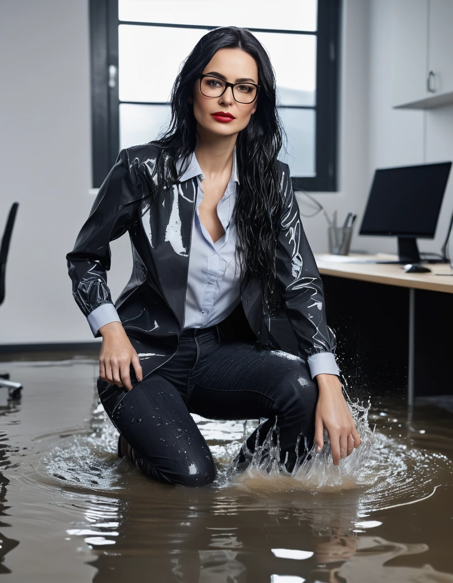 photo of young woman, in soaking wet, drenched clothes,
office shoes , long black jeans, black jeans shirt with long sleeves, in flooded office room on the swivel chair. Half meter water level in the office, 
enjoying, wet clothes stuck to body,
detailed textures of the wet clothes, wet face, wet plastered hair,
wet, drenched, professional, high-quality details, full body view.
sharp focus, ultra-high pixel detail, realistic, high-quality, full colors, incredibly detailed, 4k, 8k, 16k, hyper-realistic, RAW photo, masterpiece, ultra-detailed, professionally color graded, professional photograph, woman 51 years old, long black hair, very big and thick lips, office glasses, complete body, open mouth,, dry skin, dry clothes, dry fabric