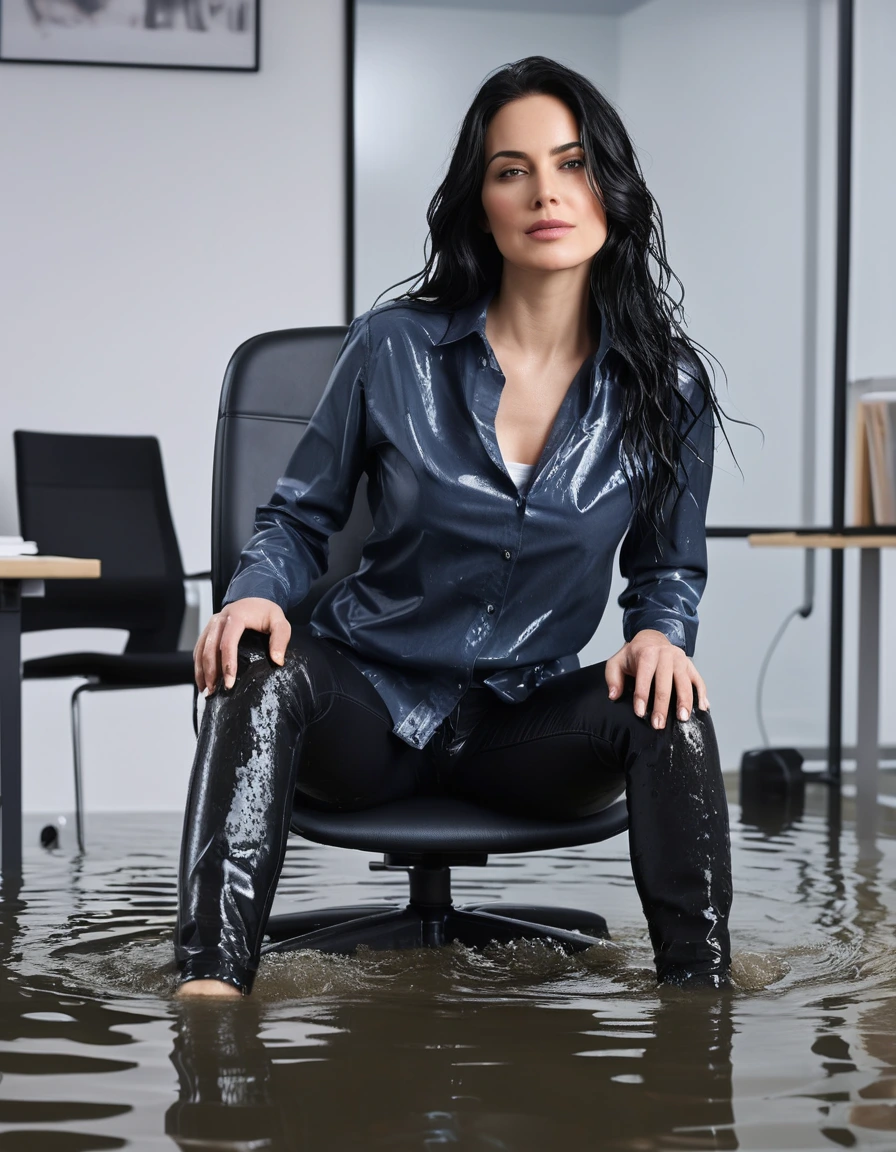 photo of young woman, in soaking wet, drenched clothes,
office shoes , long black leather jeans, black jeans shirt with long sleeves, in flooded office room on the swivel chair. Half meter water level in the office, 
enjoying, wet clothes stuck to body,
detailed textures of the wet clothes, wet face, wet plastered hair,
wet, drenched, professional, high-quality details, full body view.
sharp focus, ultra-high pixel detail, realistic, high-quality, full colors, incredibly detailed, 4k, 8k, 16k, hyper-realistic, RAW photo, masterpiece, ultra-detailed, professionally color graded, professional photograph, woman 51 years old, long black hair, very big and thick lips, office glasses, complete body, open mouth, dry skin, dry clothes, dry fabric, dry skin, dry clothes, dry fabric