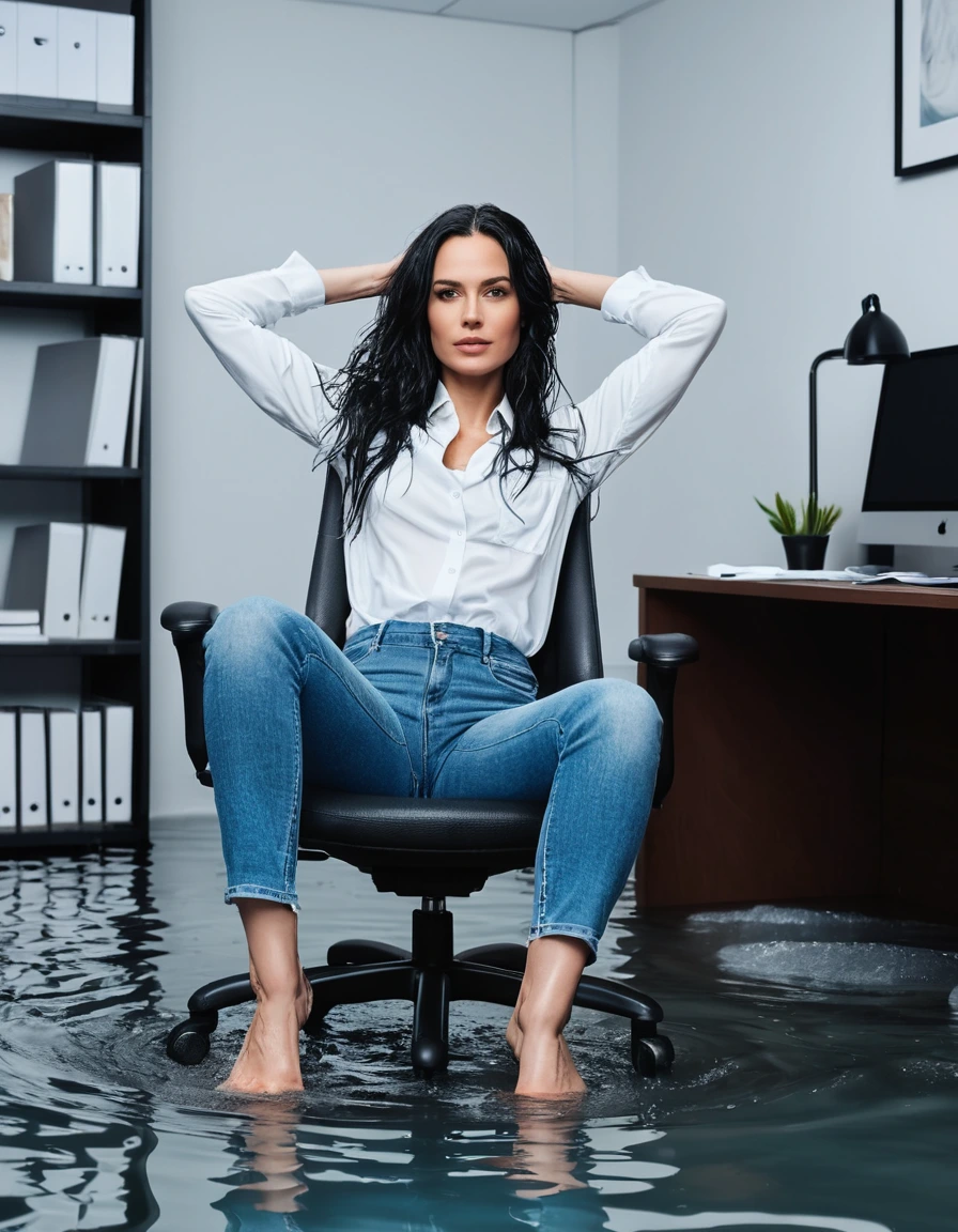 photo of young woman, in soaking wet, drenched clothes,
office shoes , long light blue jeans, black jeans shirt with long sleeves, in flooded office room on the swivel chair. Half meter water level in the office, 
enjoying, wet clothes stuck to body,
detailed textures of the wet clothes, wet face, wet plastered hair,
wet, drenched, professional, high-quality details, full body view.
sharp focus, ultra-high pixel detail, realistic, high-quality, full colors, incredibly detailed, 4k, 8k, 16k, hyper-realistic, RAW photo, masterpiece, ultra-detailed, professionally color graded, professional photograph, woman 51 years old, long black hair, very big and thick lips, office glasses, complete body, open mouth,, dry skin, dry clothes, dry fabric