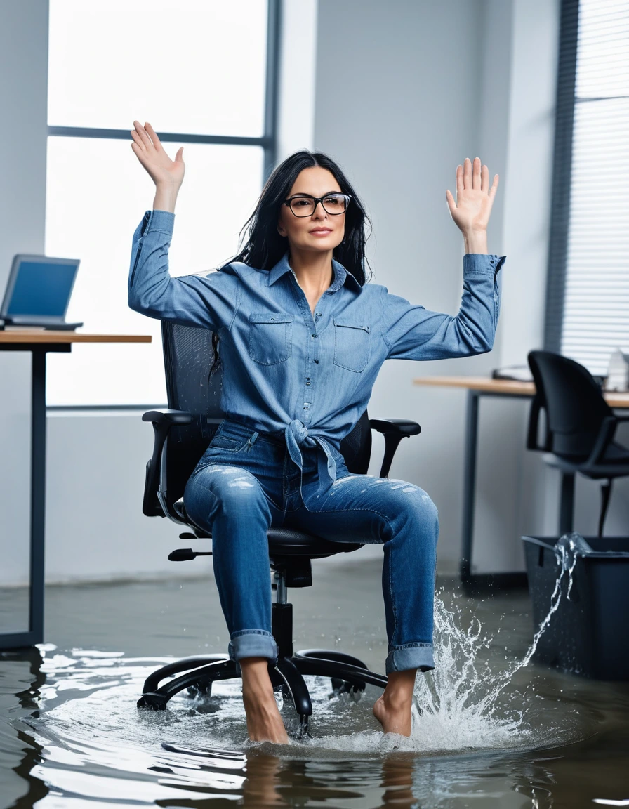 photo of young woman, in soaking wet, drenched clothes,
office shoes , long blue jeans, blue jeans shirt with long sleeves, in flooded office room on the swivel chair. Half meter water level in the office, 
enjoying, wet clothes stuck to body,
detailed textures of the wet clothes, wet face, wet plastered hair,
wet, drenched, professional, high-quality details, full body view.
sharp focus, ultra-high pixel detail, realistic, high-quality, full colors, incredibly detailed, 4k, 8k, 16k, hyper-realistic, RAW photo, masterpiece, ultra-detailed, professionally color graded, professional photograph, woman 51 years old, long black hair, very big and thick lips, office glasses, complete body, open mouth,, dry skin, dry clothes, dry fabric