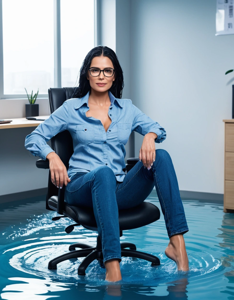 photo of young woman, in soaking wet, drenched clothes,
office shoes , long blue jeans, blue jeans shirt with long sleeves, in flooded office room on the swivel chair. Half meter water level in the office, 
enjoying, wet clothes stuck to body,
detailed textures of the wet clothes, wet face, wet plastered hair,
wet, drenched, professional, high-quality details, full body view.
sharp focus, ultra-high pixel detail, realistic, high-quality, full colors, incredibly detailed, 4k, 8k, 16k, hyper-realistic, RAW photo, masterpiece, ultra-detailed, professionally color graded, professional photograph, woman 51 years old, long black hair, very big and thick lips, office glasses, complete body, open mouth,, dry skin, dry clothes, dry fabric