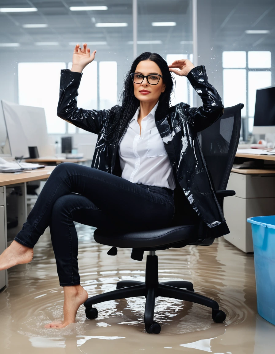 photo of young woman, in soaking wet, drenched clothes,
office shoes , long black jeans, black jeans shirt with long sleeves, in flooded office room on the swivel chair. Half meter water level in the office, 
enjoying, wet clothes stuck to body,
detailed textures of the wet clothes, wet face, wet plastered hair,
wet, drenched, professional, high-quality details, full body view.
sharp focus, ultra-high pixel detail, realistic, high-quality, full colors, incredibly detailed, 4k, 8k, 16k, hyper-realistic, RAW photo, masterpiece, ultra-detailed, professionally color graded, professional photograph, woman 51 years old, long black hair, very big and thick lips, office glasses, complete body, open mouth,, dry skin, dry clothes, dry fabric
