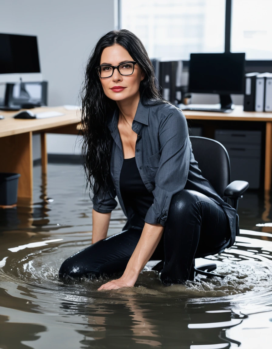 photo of young woman, in soaking wet, drenched clothes,
office shoes , long black jeans, black jeans shirt with long sleeves, in flooded office room on the swivel chair. Half meter water level in the office, 
enjoying, wet clothes stuck to body,
detailed textures of the wet clothes, wet face, wet plastered hair,
wet, drenched, professional, high-quality details, full body view.
sharp focus, ultra-high pixel detail, realistic, high-quality, full colors, incredibly detailed, 4k, 8k, 16k, hyper-realistic, RAW photo, masterpiece, ultra-detailed, professionally color graded, professional photograph, woman 51 years old, long black hair, very big and thick lips, office glasses, complete body, open mouth,, dry skin, dry clothes, dry fabric