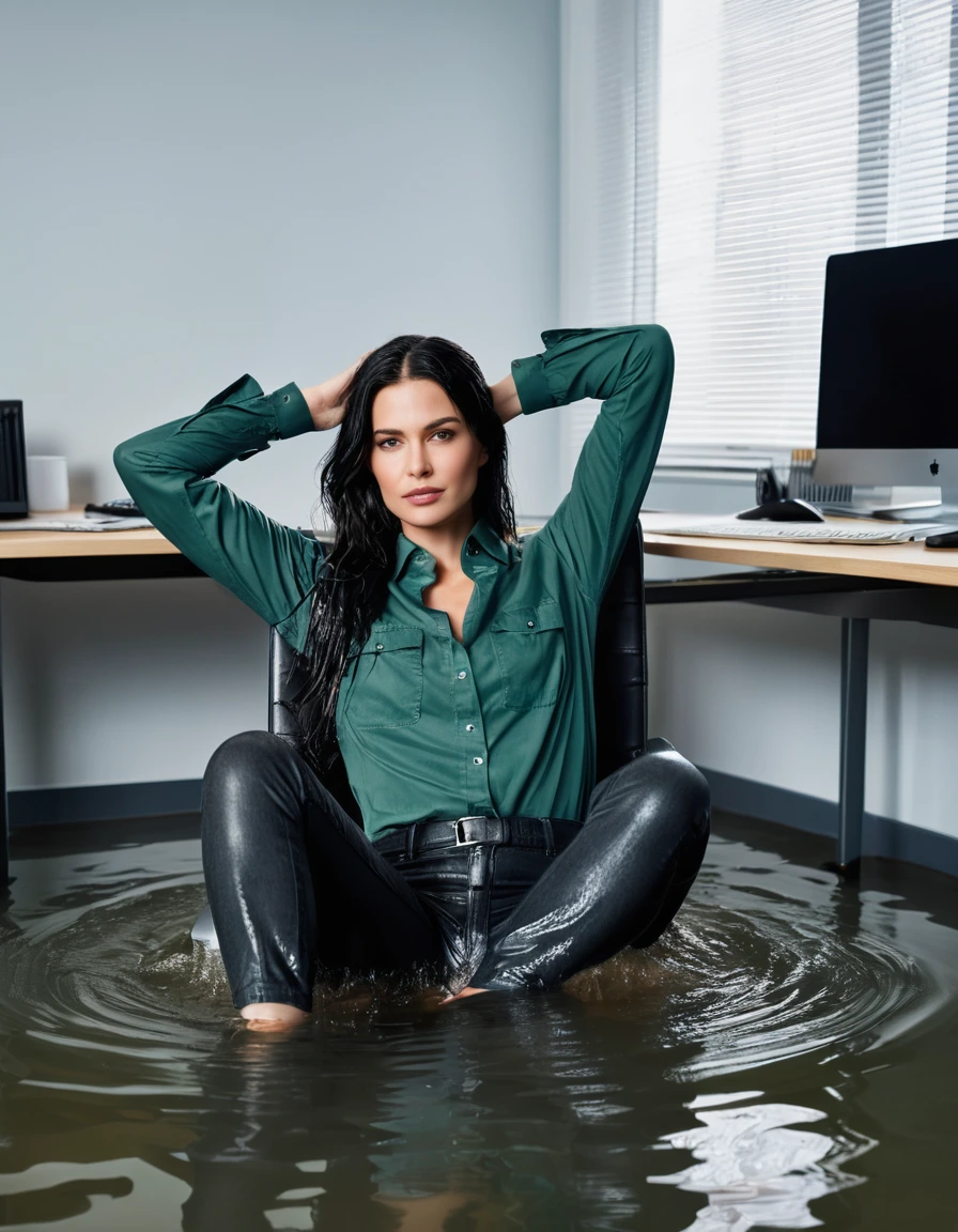 photo of young woman, in soaking wet, drenched clothes,
office shoes , long black jeans, dark green jeans shirt with long sleeves, in flooded office room on the swivel chair. Half meter water level in the office, 
enjoying, wet clothes stuck to body,
detailed textures of the wet clothes, wet face, wet plastered hair,
wet, drenched, professional, high-quality details, full body view.
sharp focus, ultra-high pixel detail, realistic, high-quality, full colors, incredibly detailed, 4k, 8k, 16k, hyper-realistic, RAW photo, masterpiece, ultra-detailed, professionally color graded, professional photograph, woman 51 years old, long black hair, very big and thick lips, office glasses, complete body, open mouth,, dry skin, dry clothes, dry fabric