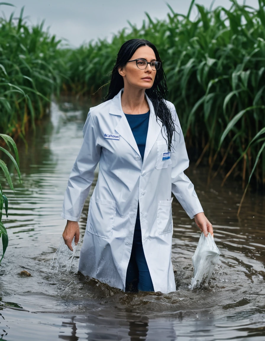 photo of young woman, in soaking wet, drenched clothes,
office shoes , white midi labcoat with long sleeves, white midi labcoat with long sleeves, walking complete submerged in deep flooded plant, 
enjoying, wet clothes stuck to body,
detailed textures of the wet clothes, wet face, wet plastered hair,
wet, drenched, professional, high-quality details, full body view.
sharp focus, ultra-high pixel detail, realistic, high-quality, full colors, incredibly detailed, 4k, 8k, 16k, hyper-realistic, RAW photo, masterpiece, ultra-detailed, professionally color graded, professional photograph, woman 51 years old, long black hair, very big and thick lips, office glasses, complete body, open mouth,, dry skin, dry clothes, dry fabric