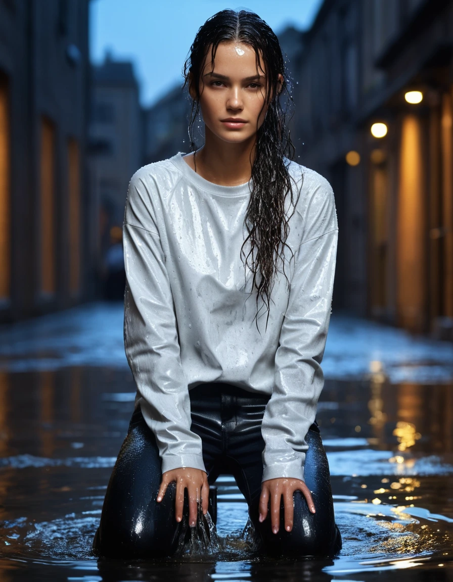 photo of young woman, in soaking wet, drenched clothes,
black rubber knee-high rain boots, fitted dark indigo leather jeans, soaked and clinging, heavy white cotton crewneck t-shirt, completely translucent from water saturation, illuminated apartment courtyard at night, wet cobblestone ground, close up, 
enjoying, wet clothes stuck to body,
detailed textures of the wet clothes, wet face, wet plastered hair,
wet, drenched, professional, high-quality details, full body view.
sharp focus, ultra-high pixel detail, realistic, high-quality, full colors, incredibly detailed, 4k, 8k, 16k, hyper-realistic, RAW photo, masterpiece, ultra-detailed, professionally color graded, professional photograph, cinematic rainy atmosphere, dramatic fountain spray backlight, beads of water dripping from hair, sharp focus, highly detailed texture, hyper-realistic, 8k resolution, glistening skin, dry skin, dry clothes, dry fabric