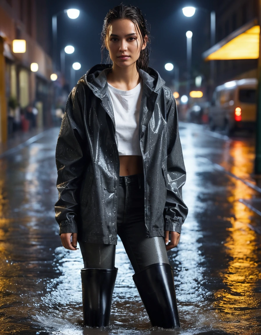 photo of young woman, in soaking wet, drenched clothes,
black rubber rain boots, slick surface, charcoal grey leather jeans, clinging to skin, saturated fabric, white oversized cotton t-shirt, translucent from water, drenched fabric, illuminated outdoor grocery plaza at night, wet asphalt, street lamps reflecting, 
enjoying, wet clothes stuck to body,
detailed textures of the wet clothes, wet face, wet plastered hair,
wet, drenched, professional, high-quality details, full body view.
sharp focus, ultra-high pixel detail, realistic, high-quality, full colors, incredibly detailed, 4k, 8k, 16k, hyper-realistic, RAW photo, masterpiece, ultra-detailed, professionally color graded, professional photograph, heavy rainfall, water droplets splashing on shoulders, fabric transparency, dramatic cinematic lighting, photorealistic, high contrast, 8k resolution, dry skin, dry clothes, dry fabric
