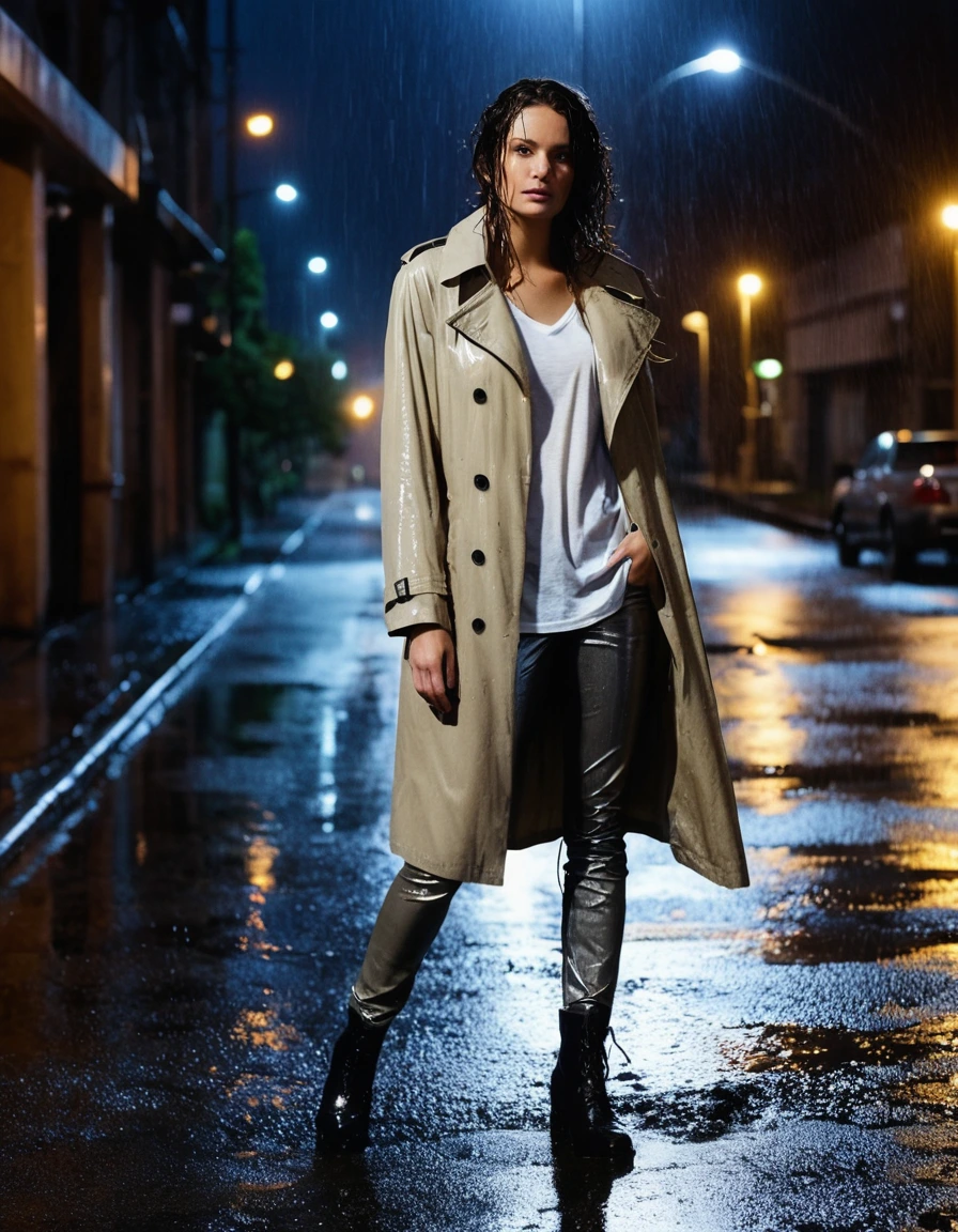 photo of young woman, in soaking wet, drenched clothes,
soaked black leather ankle boots, translucent clingy grey leggings, drenched oversized beige trench coat over a white cotton t-shirt, dimly lit suburban street at night under a rusted metal drainpipe, 
enjoying, wet clothes stuck to body,
detailed textures of the wet clothes, wet face, wet plastered hair,
wet, drenched, professional, high-quality details, full body view.
sharp focus, ultra-high pixel detail, realistic, high-quality, full colors, incredibly detailed, 4k, 8k, 16k, hyper-realistic, RAW photo, masterpiece, ultra-detailed, professionally color graded, professional photograph, heavy downpour, drenched fabric clinging to skin, glistening wet texture, vibrant city lights reflection on asphalt, sharp cinematic lighting, water droplets splashing, photorealistic, dry skin, dry clothes, dry fabric