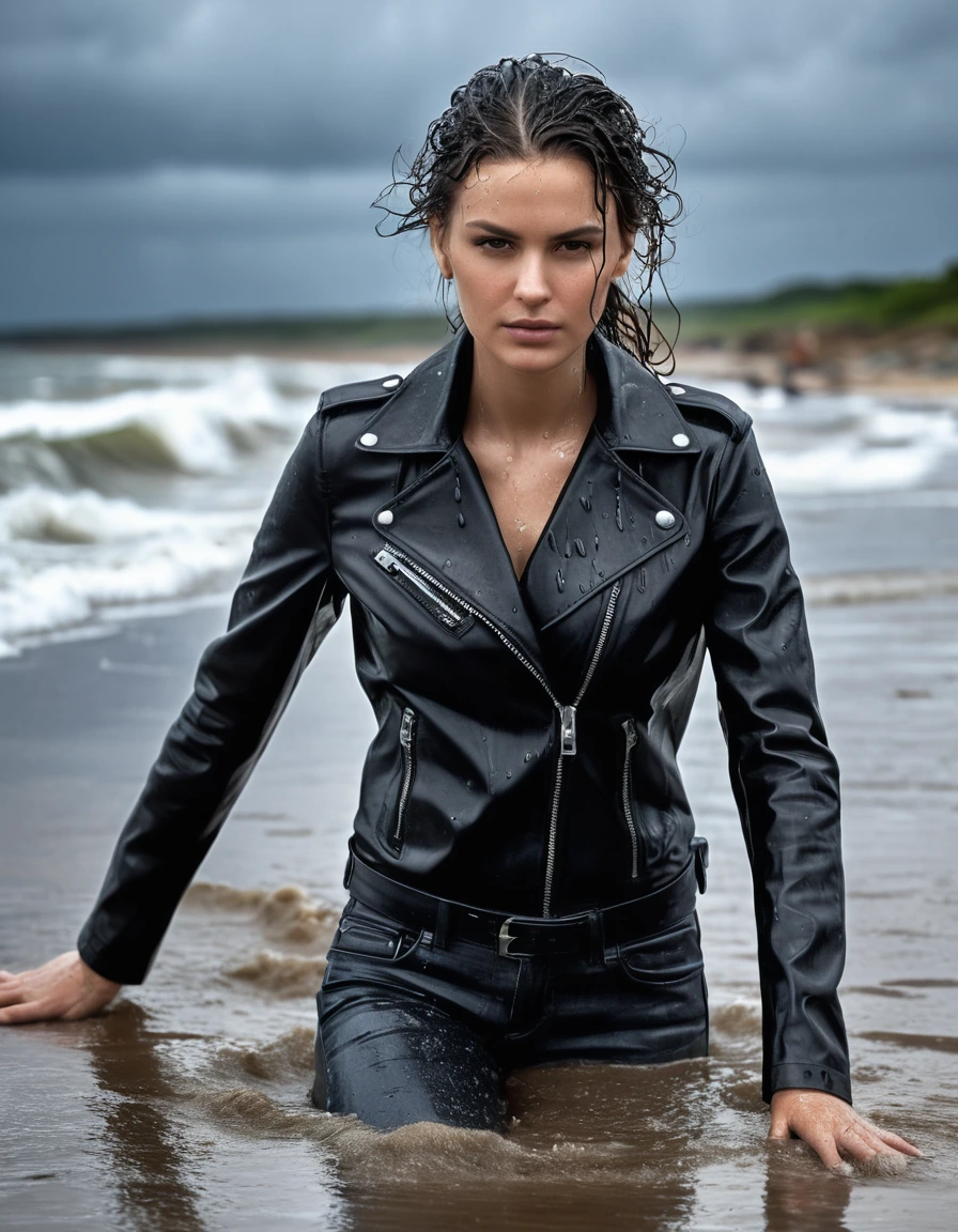 photo of young woman, in soaking wet, drenched clothes,
Black leather ankle boots, soaked and glistening , skin tight black leather jeans, saturated, water-drenched black long sleeve leather shirt, black bikers leather jacket, lying in the waves on the beach at night, heavy rain, drenched, close up, 
enjoying, wet clothes stuck to body,
detailed textures of the wet clothes, wet face, wet plastered hair,
wet, drenched, professional, high-quality details, full body view.
sharp focus, ultra-high pixel detail, realistic, high-quality, full colors, incredibly detailed, 4k, 8k, 16k, hyper-realistic, RAW photo, masterpiece, ultra-detailed, professionally color graded, professional photograph, streaming raindrops, fabric transparency, high-contrast water cling, cinematic lighting, photorealistic, 8k, water dripping from hem, storm aftermath atmosphere, dry skin, dry clothes, dry fabric