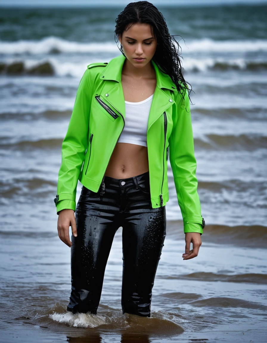 photo of young woman, in soaking wet, drenched clothes,
Black leather ankle boots, soaked and glistening , skin tight black leather jeans, saturated, water-drenched white latex shirt, neon green leather jacket, saturated, lying in the waves on the beach at night, heavy rain, drenched, close up, 
enjoying, wet clothes stuck to body,
detailed textures of the wet clothes, wet face, wet plastered hair,
wet, drenched, professional, high-quality details, full body view.
sharp focus, ultra-high pixel detail, realistic, high-quality, full colors, incredibly detailed, 4k, 8k, 16k, hyper-realistic, RAW photo, masterpiece, ultra-detailed, professionally color graded, professional photograph, streaming raindrops, fabric transparency, high-contrast water cling, cinematic lighting, photorealistic, 8k, water dripping from hem, storm aftermath atmosphere, dry skin, dry clothes, dry fabric
