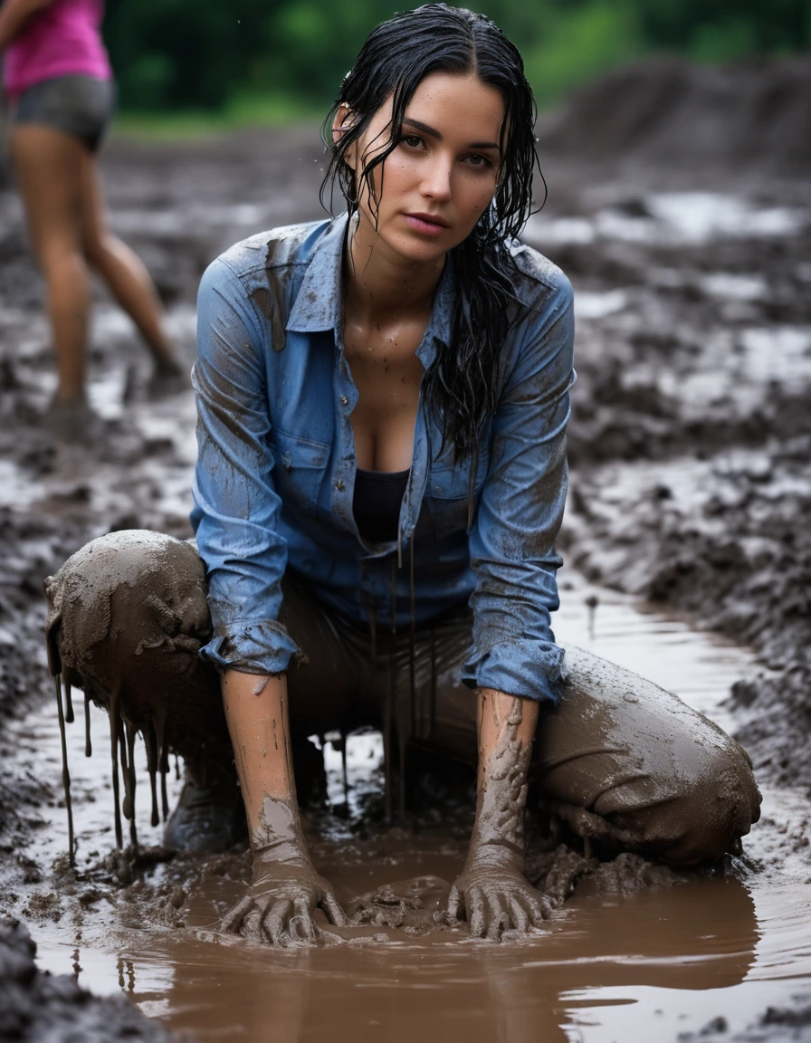 photo of young woman, in soaking wet, drenched clothes,
Muddy sneakers, muddy white bootcut jeans, Full muddy  shirt., Dark muddy indoor disco club at night. Deep mud on the floor, mud splashed walls, dripping mud from above, very dark mood lighting with pink and blue neon lights from above. Muddy chairs and sofas in the background. Her black hair and face covered in mud, 
enjoying, wet clothes stuck to body,
detailed textures of the wet clothes, wet face, wet plastered hair,
wet, drenched, professional, high-quality details, full body view.
sharp focus, ultra-high pixel detail, realistic, high-quality, full colors, incredibly detailed, 4k, 8k, 16k, hyper-realistic, RAW photo, masterpiece, ultra-detailed, professionally color graded, professional photograph, a black haired 30 years old beautiful women  wallowing in the deep muddy pool, dry skin, dry clothes, dry fabric