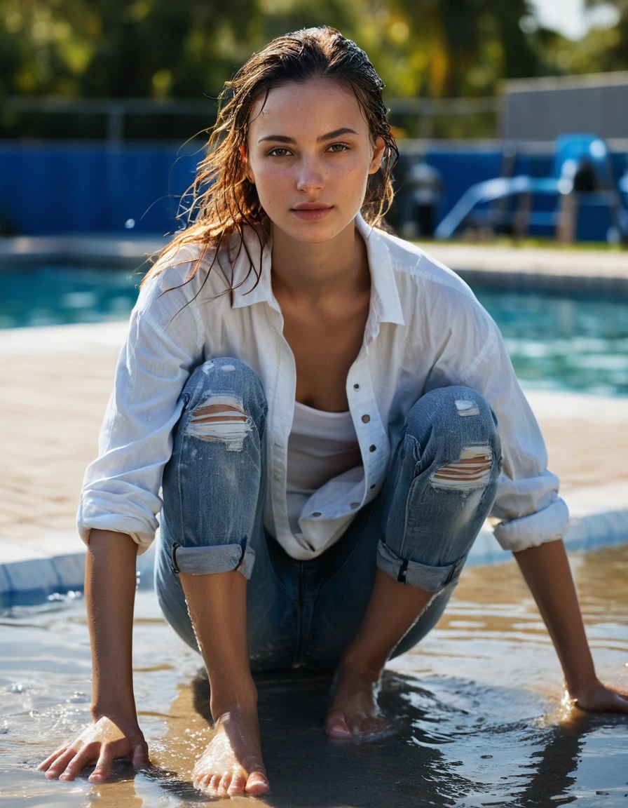 photo of young woman, in soaking wet, drenched clothes,
bare feet on wet concrete, saturating light-wash denim jeans clinging to skin, transparent soaked white cotton t-shirt, outdoor pool deck walkway, afternoon sunlight, 
enjoying, wet clothes stuck to body,
detailed textures of the wet clothes, wet face, wet plastered hair,
wet, drenched, professional, high-quality details, full body view.
sharp focus, ultra-high pixel detail, realistic, high-quality, full colors, incredibly detailed, 4k, 8k, 16k, hyper-realistic, RAW photo, masterpiece, ultra-detailed, professionally color graded, professional photograph, hyper-realistic street photography, heavy water saturation, fabric texture, translucent clothing, glistening skin, vibrant water droplets, candid expression, sharp focus, dry skin, dry clothes, dry fabric