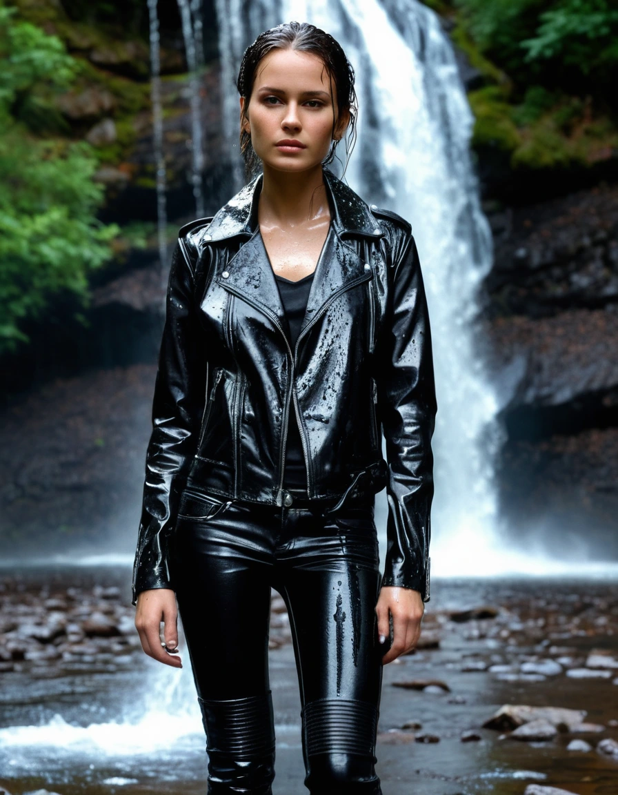 photo of young woman, in soaking wet, drenched clothes,
Black leather ankle boots, soaked and glistening , skin tight black leather jeans, saturated, water-drenched black long sleeve leather shirt, black bikers leather jacket, staning under a waterfall in the mountains, heavy rain, drenched, close up, 
enjoying, wet clothes stuck to body,
detailed textures of the wet clothes, wet face, wet plastered hair,
wet, drenched, professional, high-quality details, full body view.
sharp focus, ultra-high pixel detail, realistic, high-quality, full colors, incredibly detailed, 4k, 8k, 16k, hyper-realistic, RAW photo, masterpiece, ultra-detailed, professionally color graded, professional photograph, streaming raindrops, fabric transparency, high-contrast water cling, cinematic lighting, photorealistic, 8k, water dripping from hem, storm aftermath atmosphere, dry skin, dry clothes, dry fabric