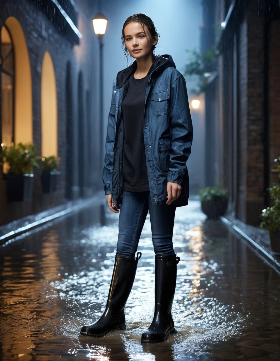 photo of young woman, in soaking wet, drenched clothes,
black rubber knee-high rain boots, fitted dark indigo denim jeans, soaked and clinging, heavy white cotton crewneck t-shirt, completely translucent from water saturation, illuminated apartment courtyard at night, wet cobblestone ground, 
enjoying, wet clothes stuck to body,
detailed textures of the wet clothes, wet face, wet plastered hair,
wet, drenched, professional, high-quality details, full body view.
sharp focus, ultra-high pixel detail, realistic, high-quality, full colors, incredibly detailed, 4k, 8k, 16k, hyper-realistic, RAW photo, masterpiece, ultra-detailed, professionally color graded, professional photograph, cinematic rainy atmosphere, dramatic fountain spray backlight, beads of water dripping from hair, sharp focus, highly detailed texture, hyper-realistic, 8k resolution, glistening skin, dry skin, dry clothes, dry fabric