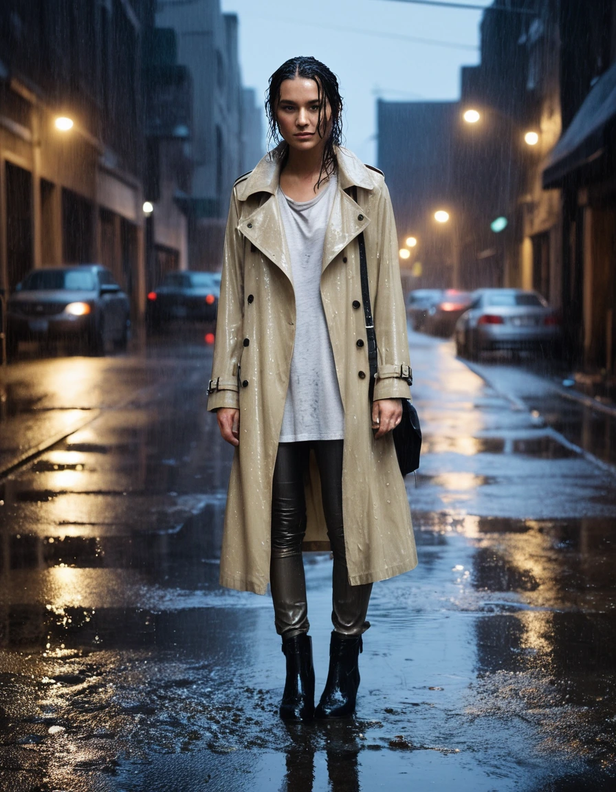 photo of young woman, in soaking wet, drenched clothes,
soaked black leather ankle boots, translucent clingy grey leggings, drenched oversized beige trench coat over a white cotton t-shirt, dimly lit suburban street at night under a rusted metal drainpipe, 
enjoying, wet clothes stuck to body,
detailed textures of the wet clothes, wet face, wet plastered hair,
wet, drenched, professional, high-quality details, full body view.
sharp focus, ultra-high pixel detail, realistic, high-quality, full colors, incredibly detailed, 4k, 8k, 16k, hyper-realistic, RAW photo, masterpiece, ultra-detailed, professionally color graded, professional photograph, heavy downpour, drenched fabric clinging to skin, glistening wet texture, vibrant city lights reflection on asphalt, sharp cinematic lighting, water droplets splashing, photorealistic, dry skin, dry clothes, dry fabric