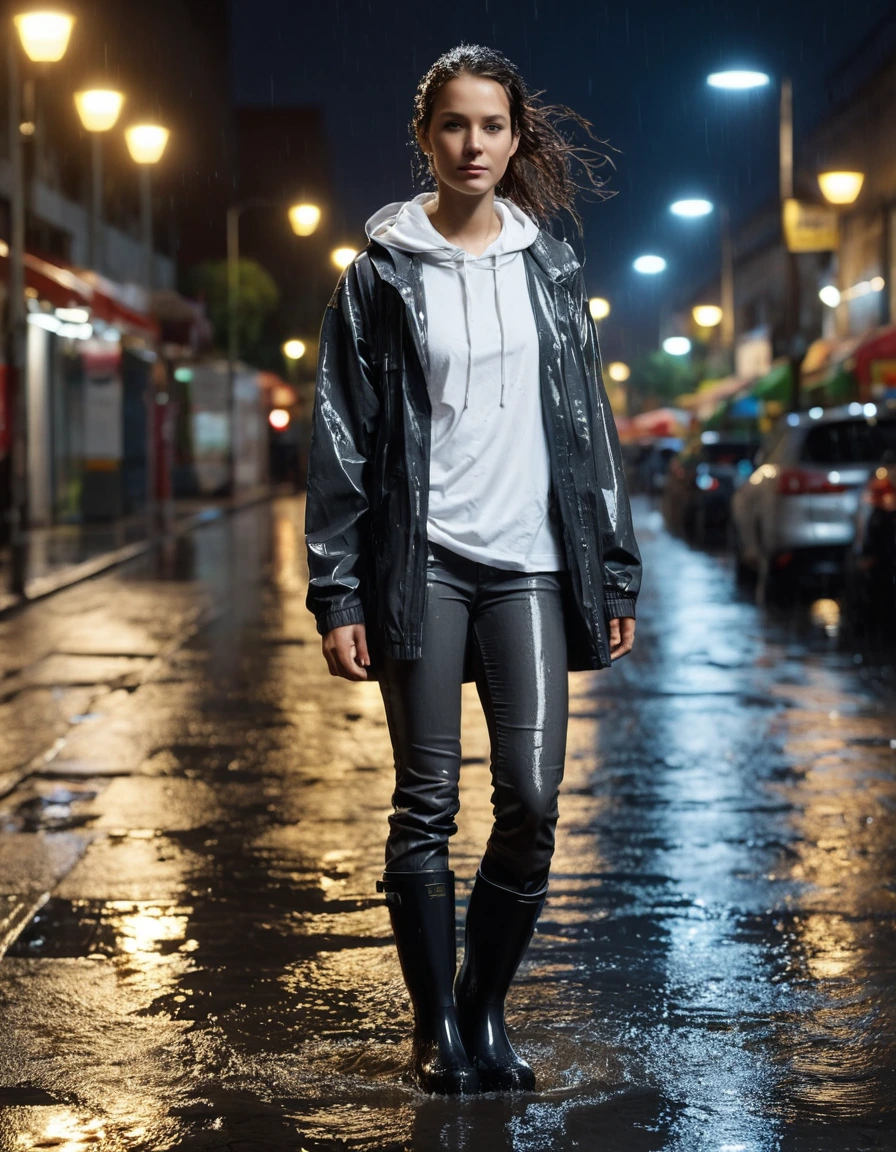 photo of young woman, in soaking wet, drenched clothes,
black rubber rain boots, slick surface, charcoal grey leather jeans, clinging to skin, saturated fabric, white oversized cotton t-shirt, translucent from water, drenched fabric, illuminated outdoor grocery plaza at night, wet asphalt, street lamps reflecting, 
enjoying, wet clothes stuck to body,
detailed textures of the wet clothes, wet face, wet plastered hair,
wet, drenched, professional, high-quality details, full body view.
sharp focus, ultra-high pixel detail, realistic, high-quality, full colors, incredibly detailed, 4k, 8k, 16k, hyper-realistic, RAW photo, masterpiece, ultra-detailed, professionally color graded, professional photograph, heavy rainfall, water droplets splashing on shoulders, fabric transparency, dramatic cinematic lighting, photorealistic, high contrast, 8k resolution, dry skin, dry clothes, dry fabric